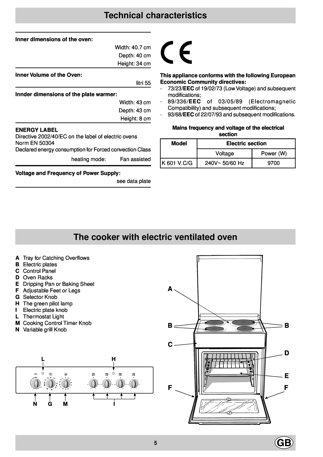 Indesit K 601 V.C/G manual Technical characteristics, The cooker with electric ventilated oven, B B 