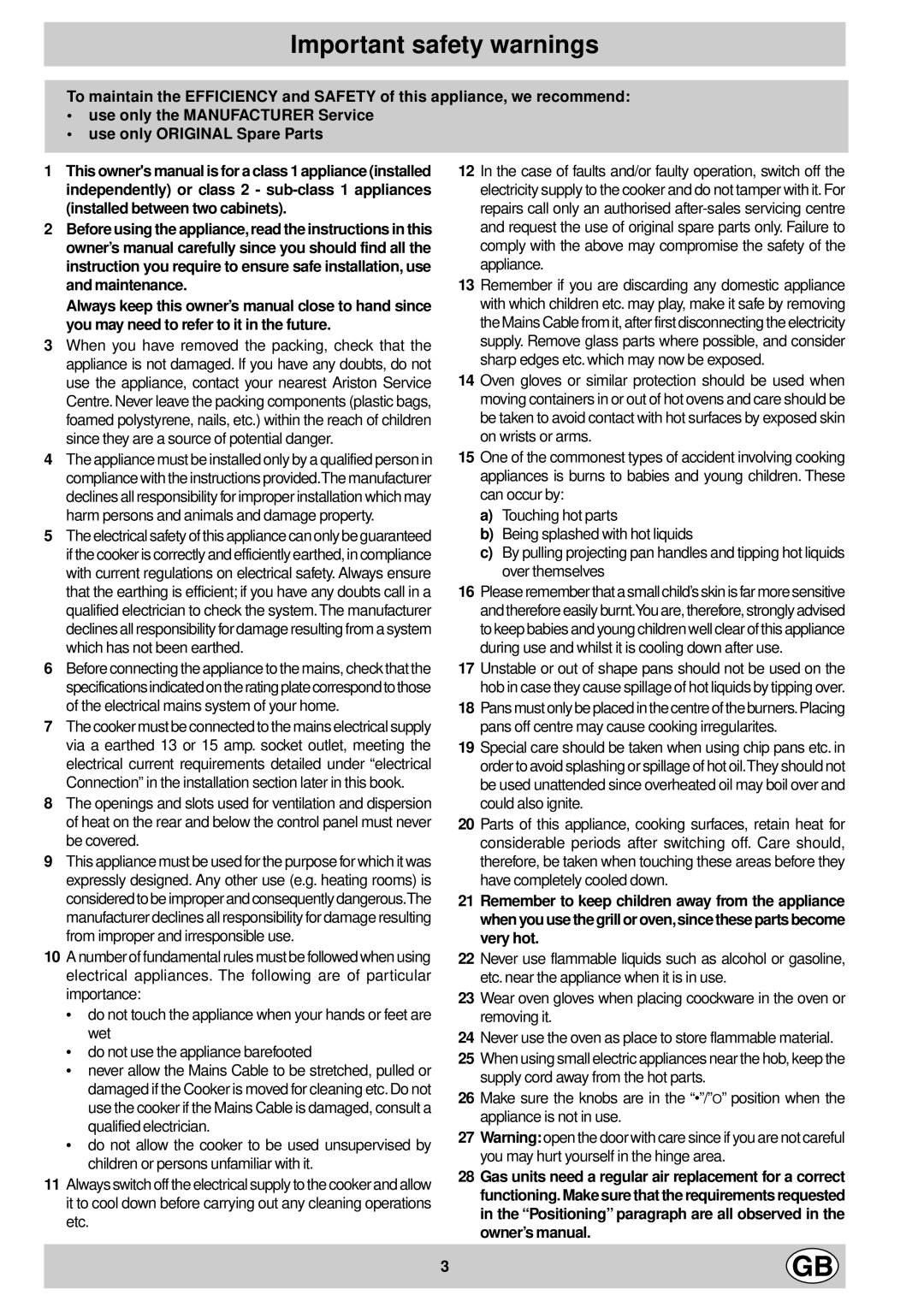 Indesit K 642 V/G, K 642 VS/G manual Important safety warnings 