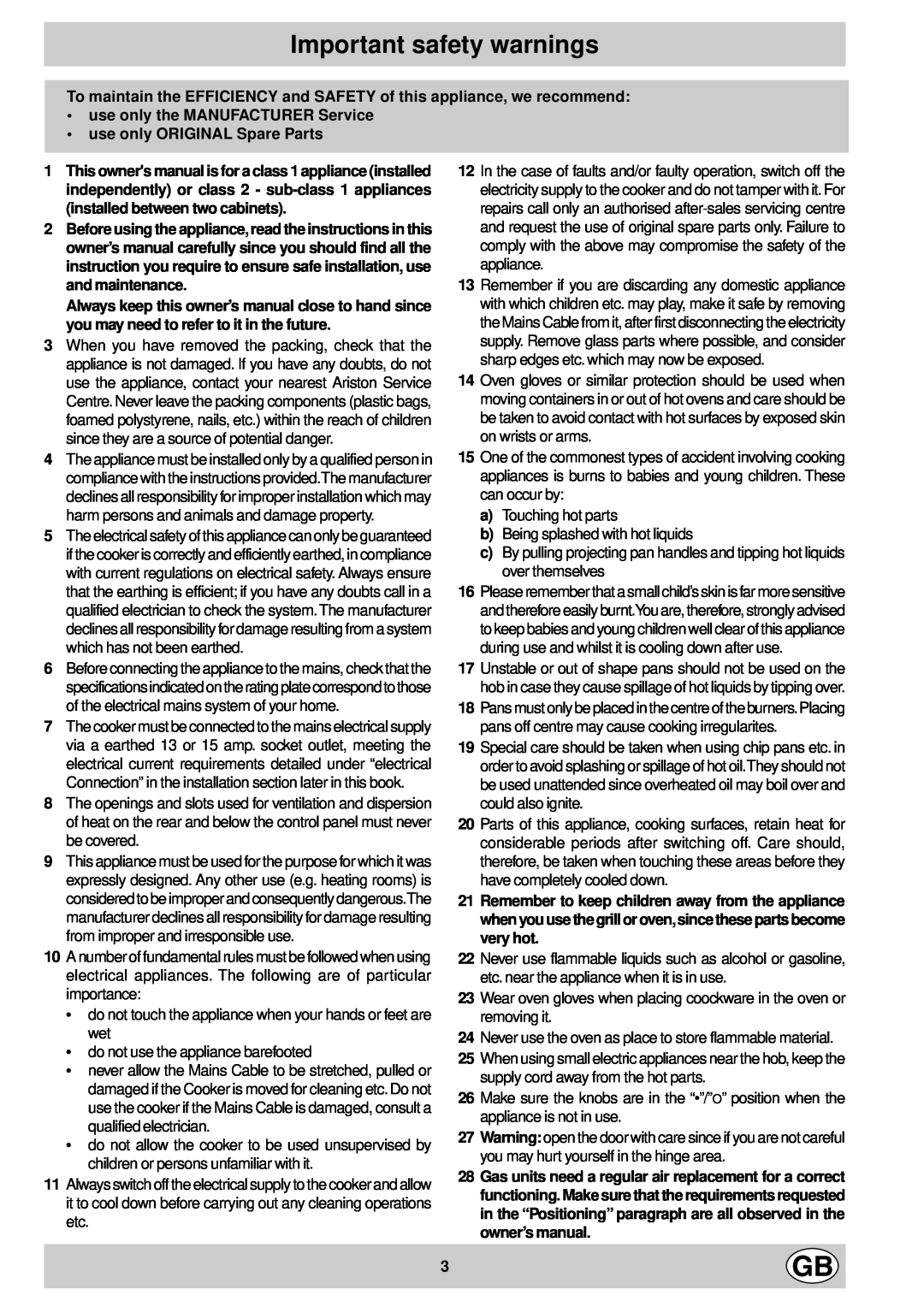 Indesit K 642 V/G, K 642 VS/G manual Important safety warnings 