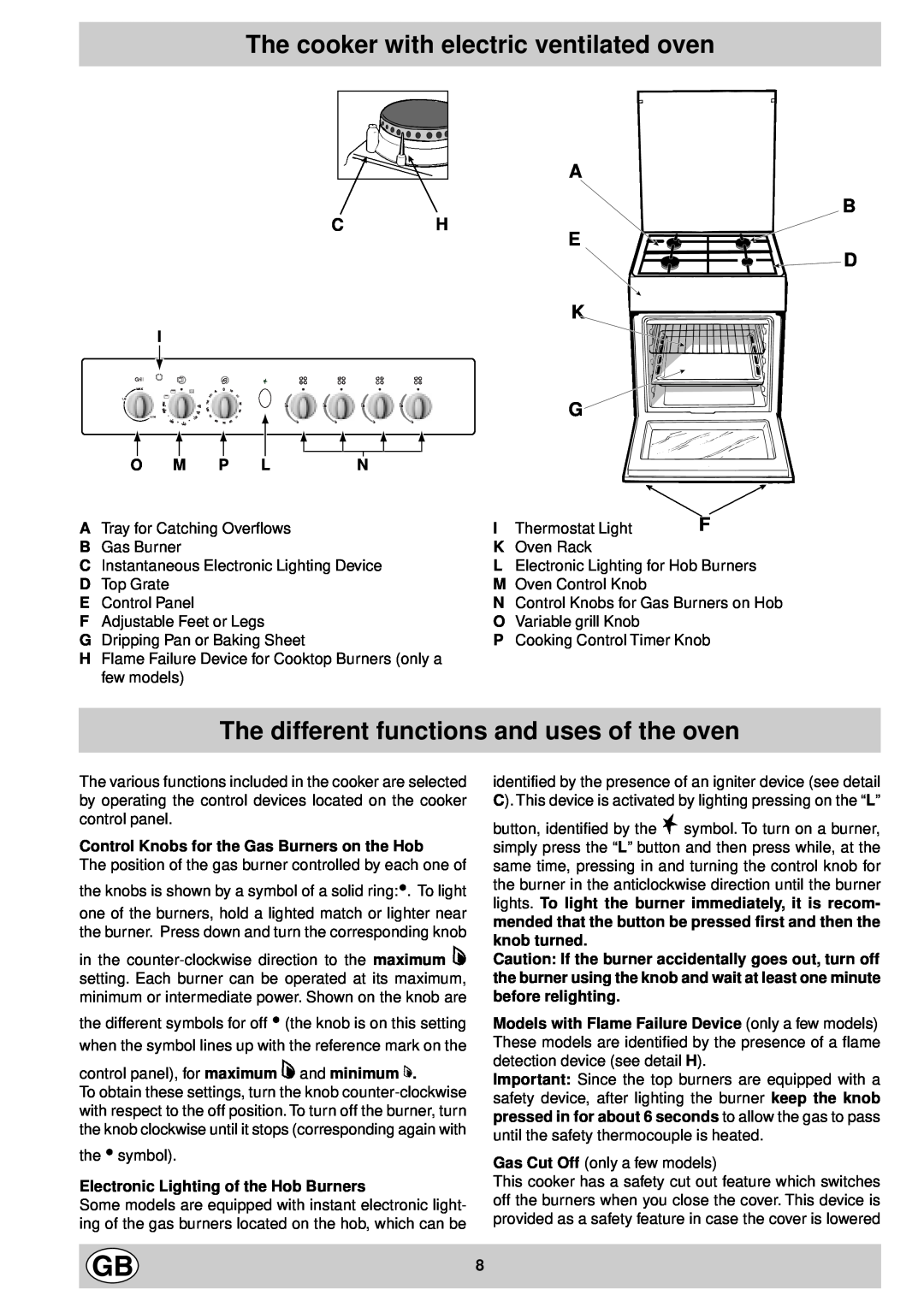 Indesit K 642 VS/G manual The cooker with electric ventilated oven, The different functions and uses of the oven, E D K 