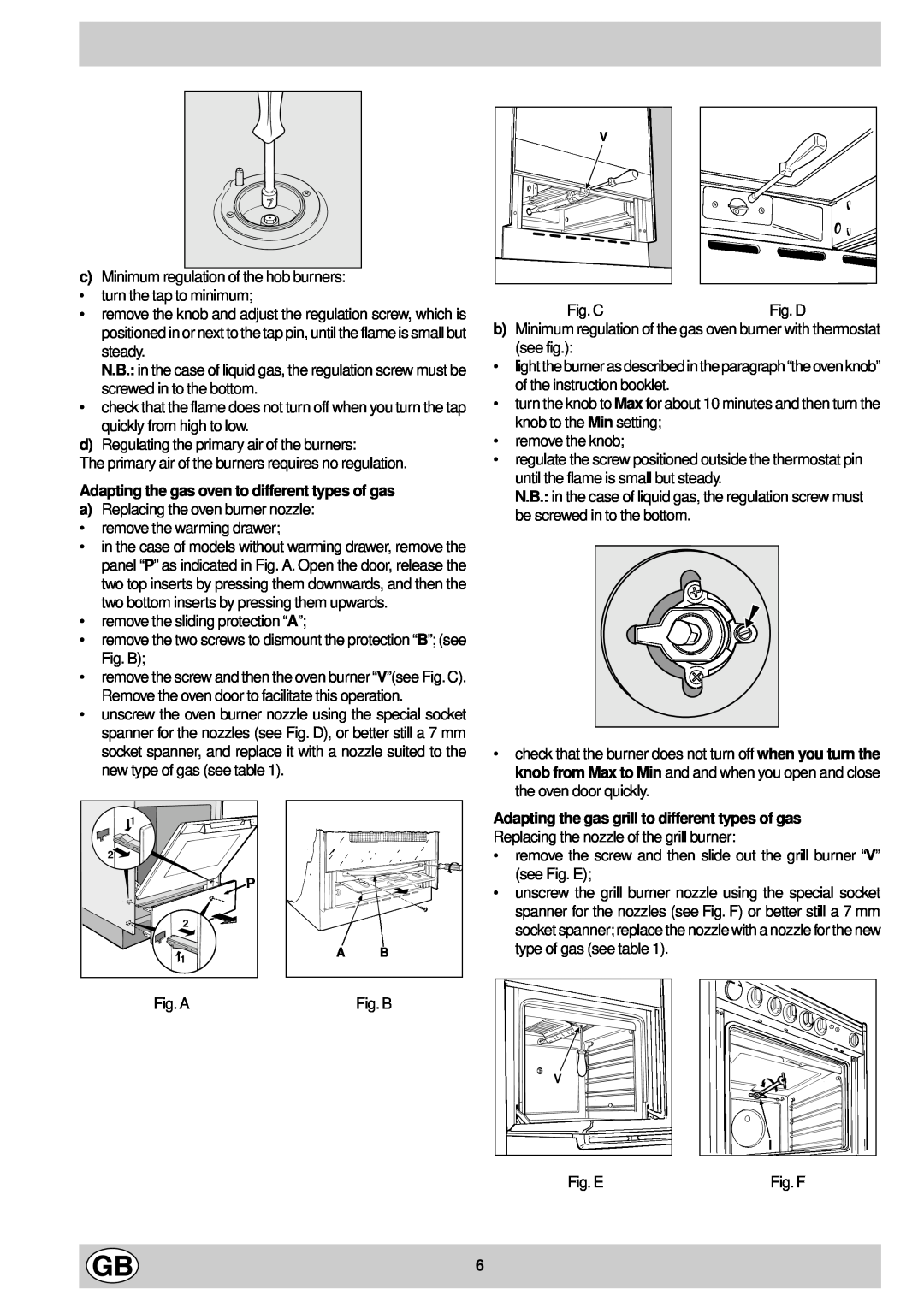 Indesit K 642 G/G, K 647R G/G, K 645R G/G, K 6432 G/G manual Adapting the gas oven to different types of gas, Fig. D, Fig. B 