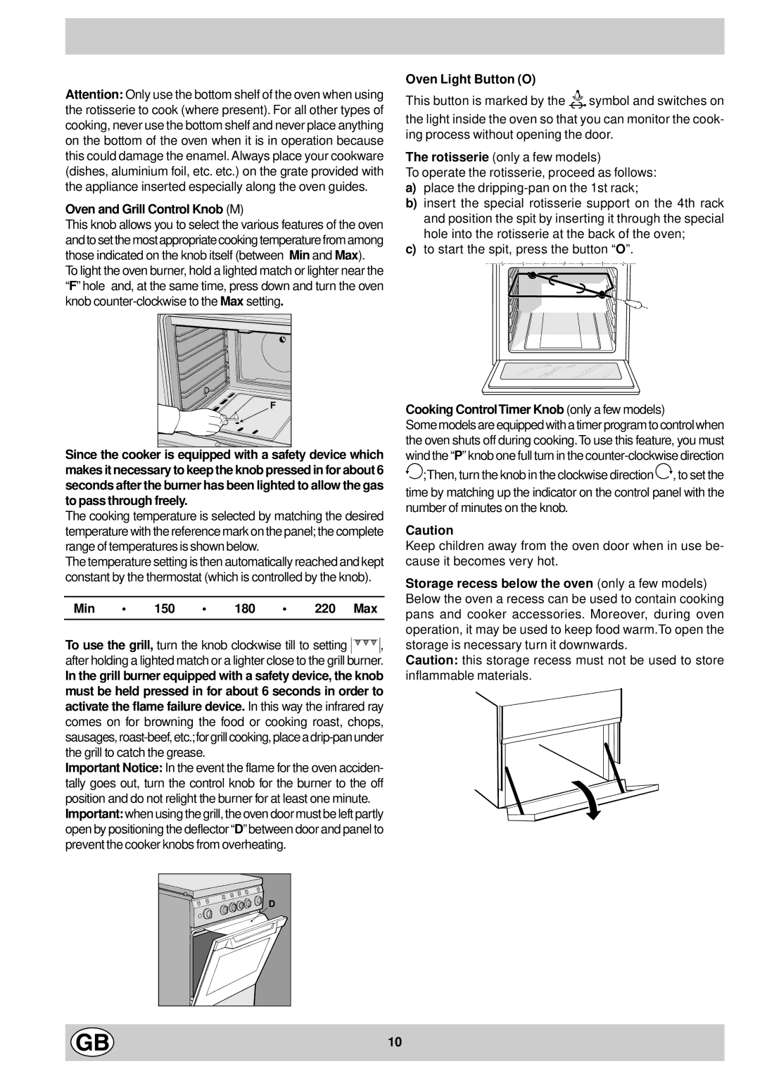 Indesit K1G21S/R, K1G21/R manual Oven and Grill Control Knob M, Min 150 180 220 Max, Oven Light Button O 