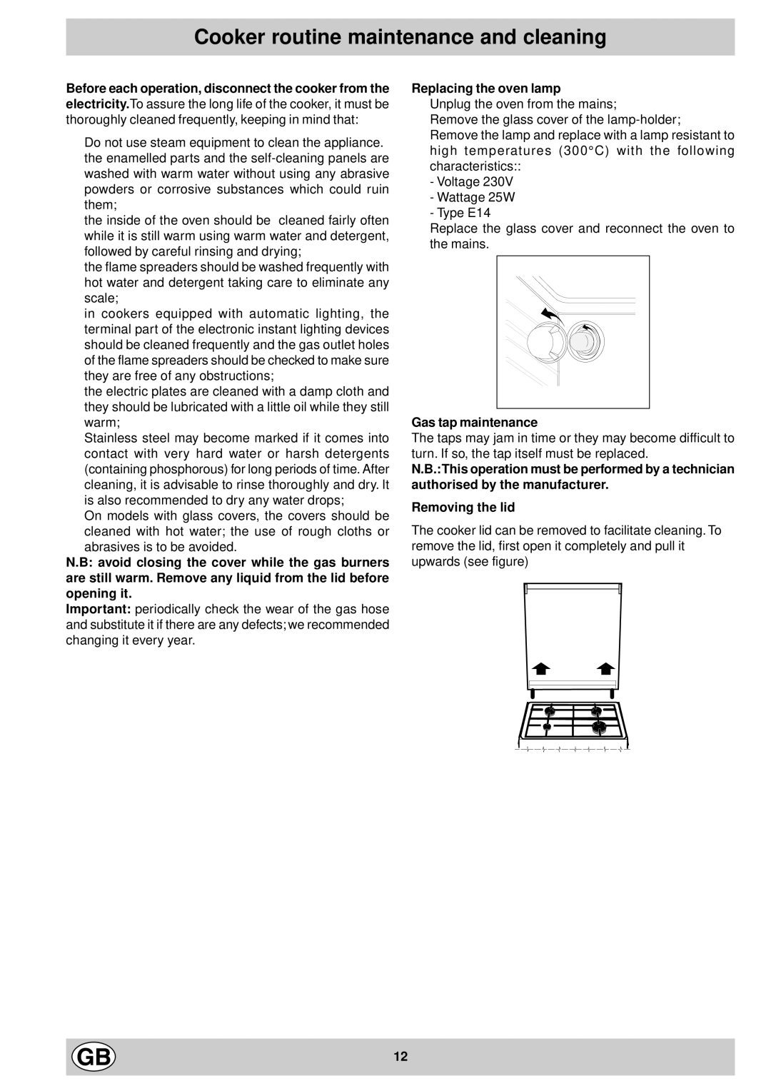 Indesit K1G21S/R, K1G21/R manual Cooker routine maintenance and cleaning, Replacing the oven lamp, Gas tap maintenance 