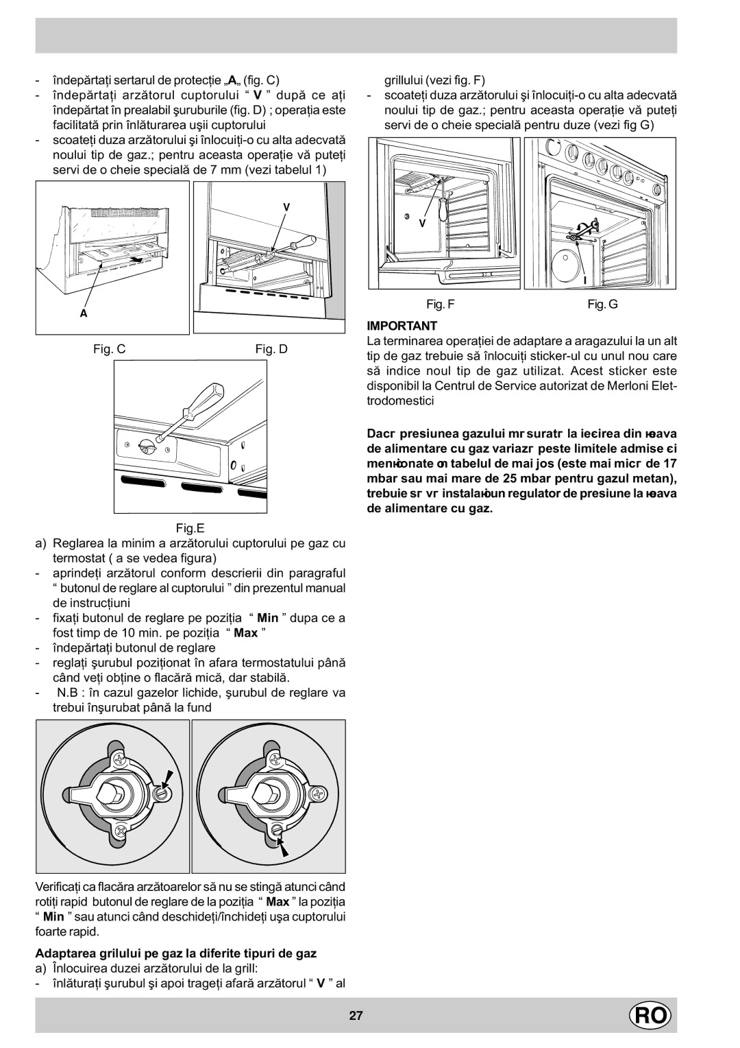 Indesit K1G21/R, K1G21S/R Îndepãrtaþi sertarul de protecþie „A„ fig. C, Îndepãrtaþi arzãtorul cuptorului V dupã ce aþi 