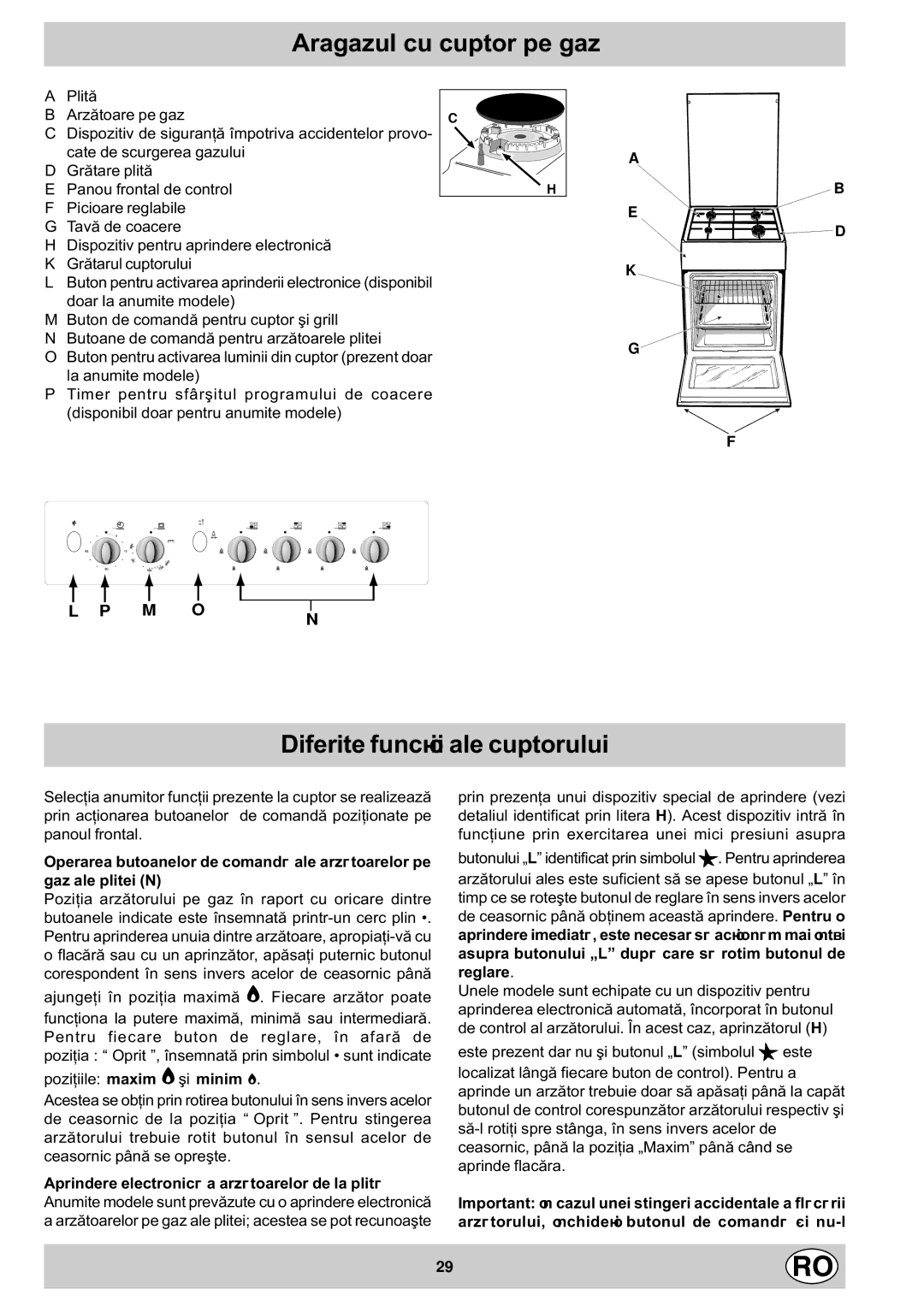 Indesit K1G21/R, K1G21S/R manual Aragazul cu cuptor pe gaz, Diferite funcþii ale cuptorului 