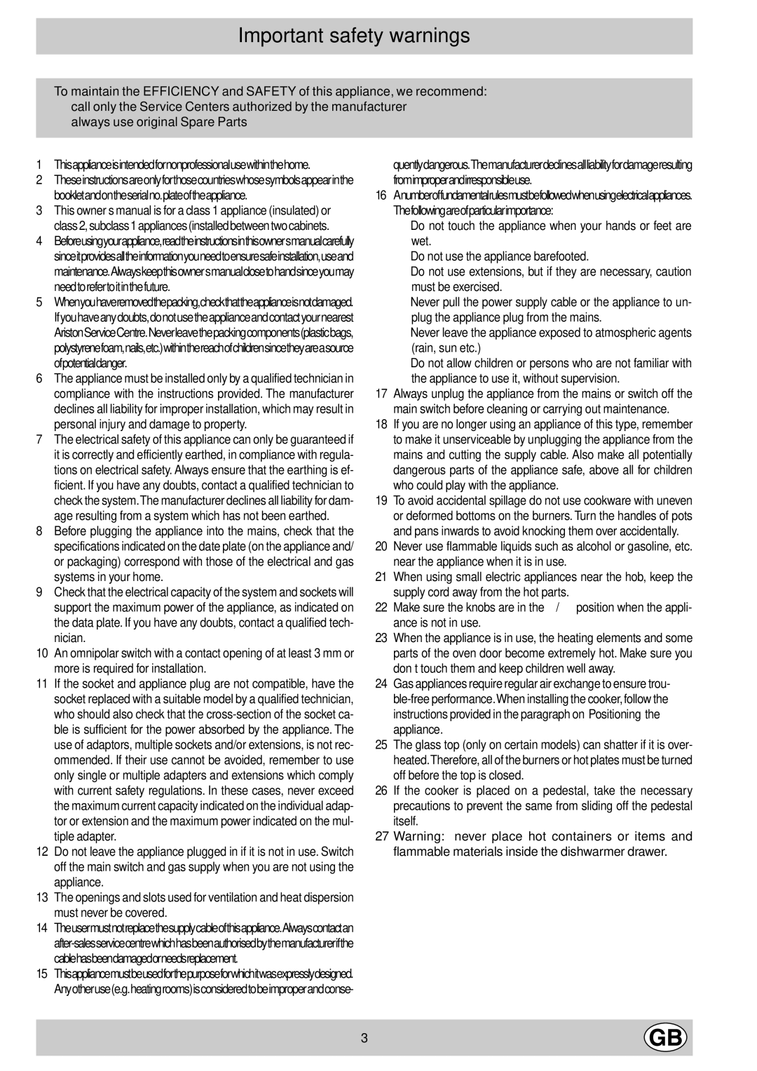 Indesit K1G21/R, K1G21S/R manual Important safety warnings, Thisapplianceisintendedfornonprofessionalusewithinthehome 