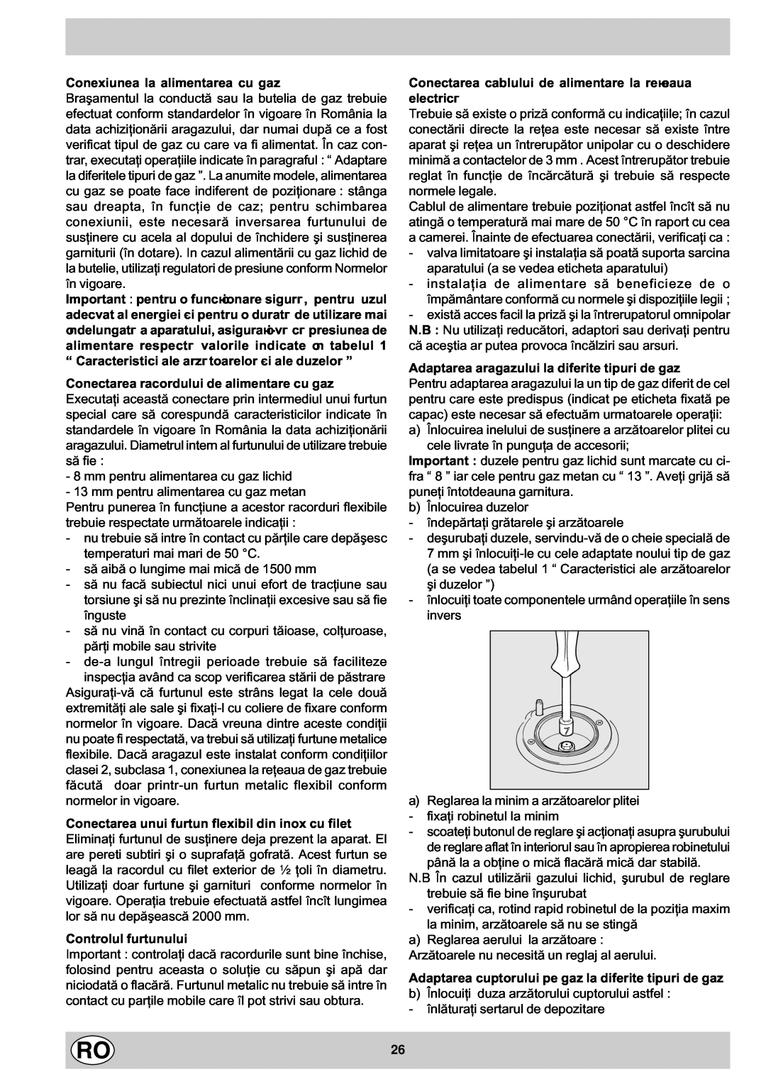 Indesit K1G21S/R, K1G21/R manual Conexiunea la alimentarea cu gaz 