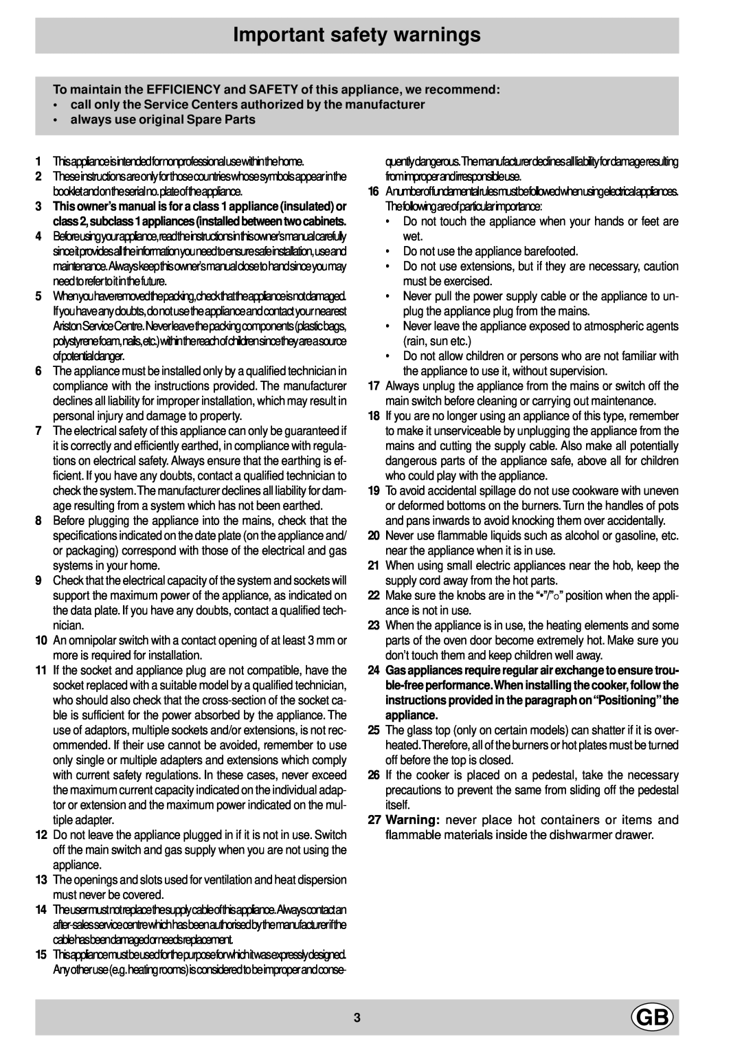 Indesit K1G21/R, K1G21S/R manual Important safety warnings 