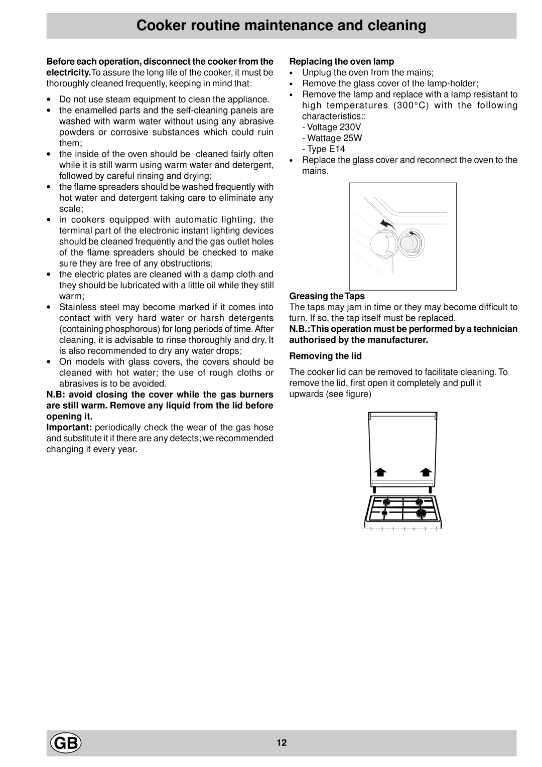 Indesit K1G2/R, K1G20/R manual Cooker routine maintenance and cleaning, Replacing the oven lamp, Greasing the Taps 