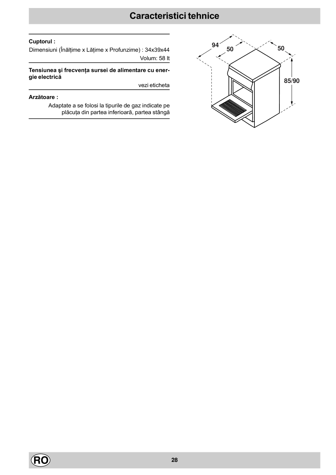 Indesit K1G2/R, K1G20/R manual Caracteristici tehnice 