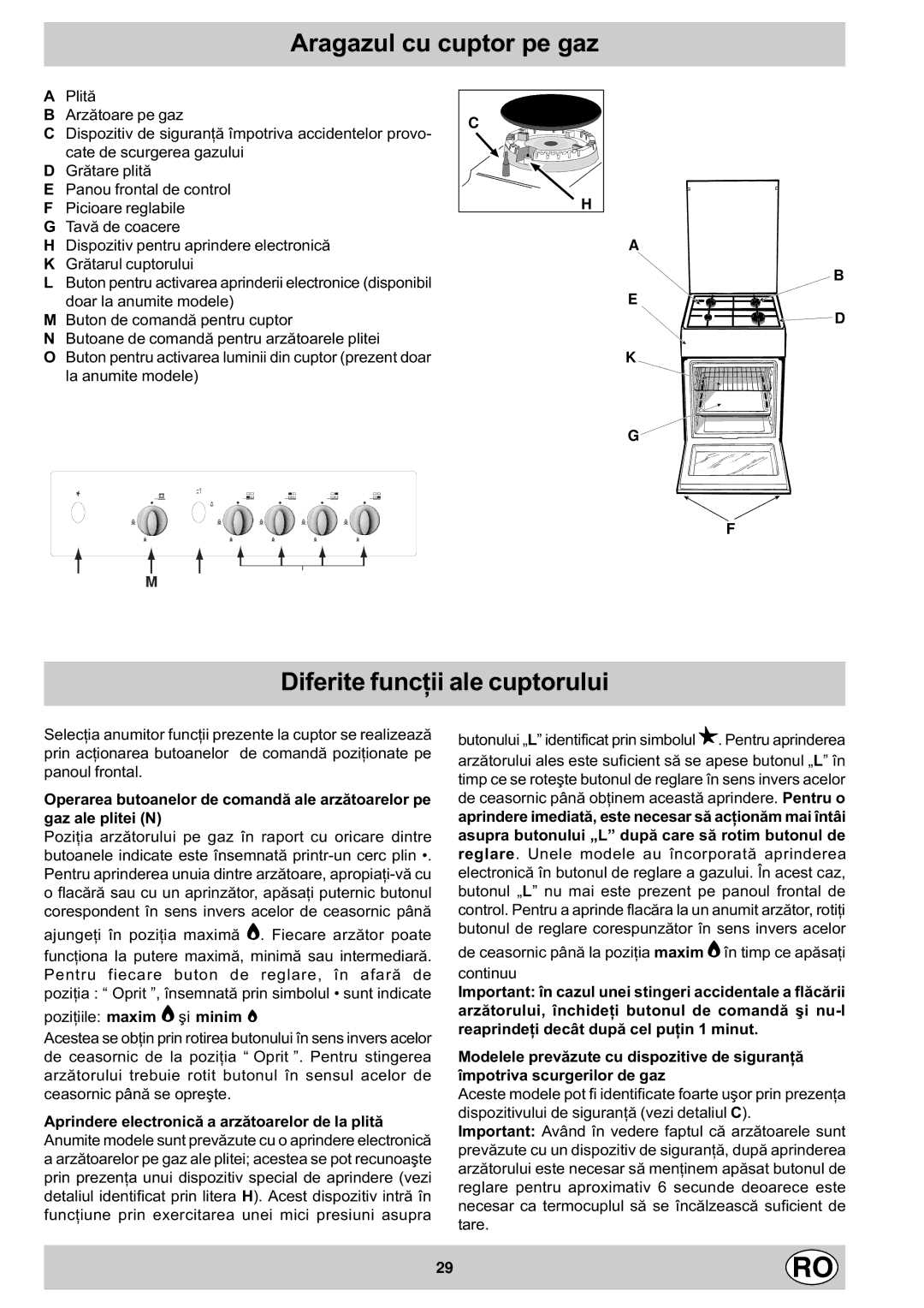 Indesit K1G20/R, K1G2/R manual Aragazul cu cuptor pe gaz, Diferite funcþii ale cuptorului 