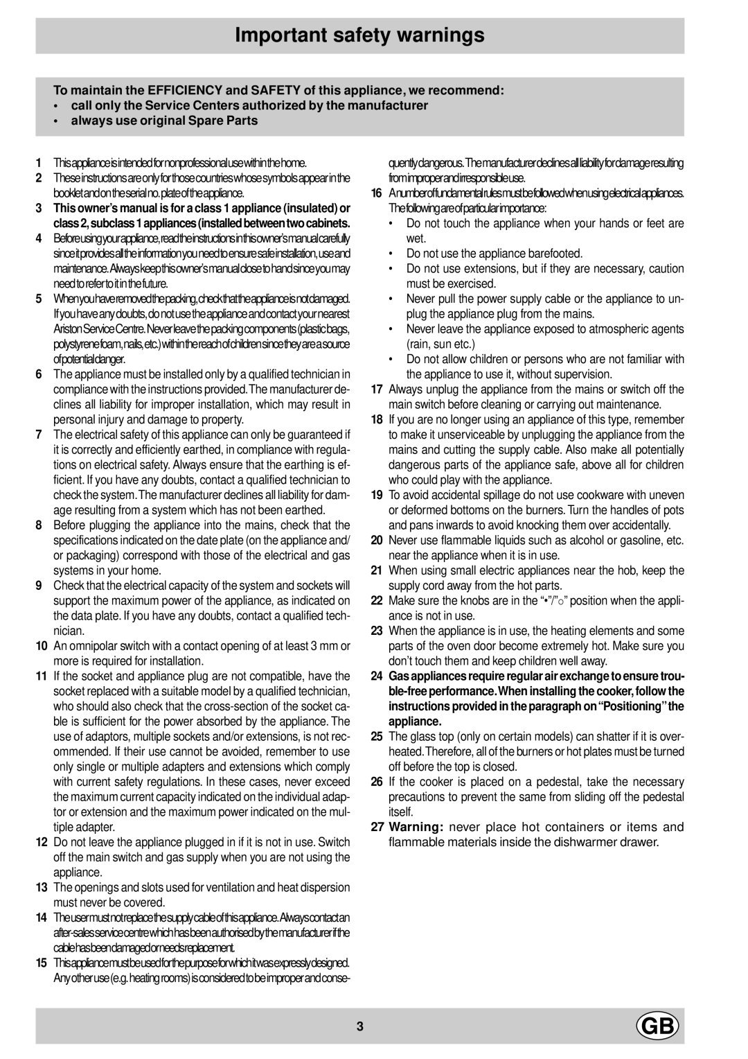 Indesit K1G20/R, K1G2/R manual Important safety warnings, Thisapplianceisintendedfornonprofessionalusewithinthehome 