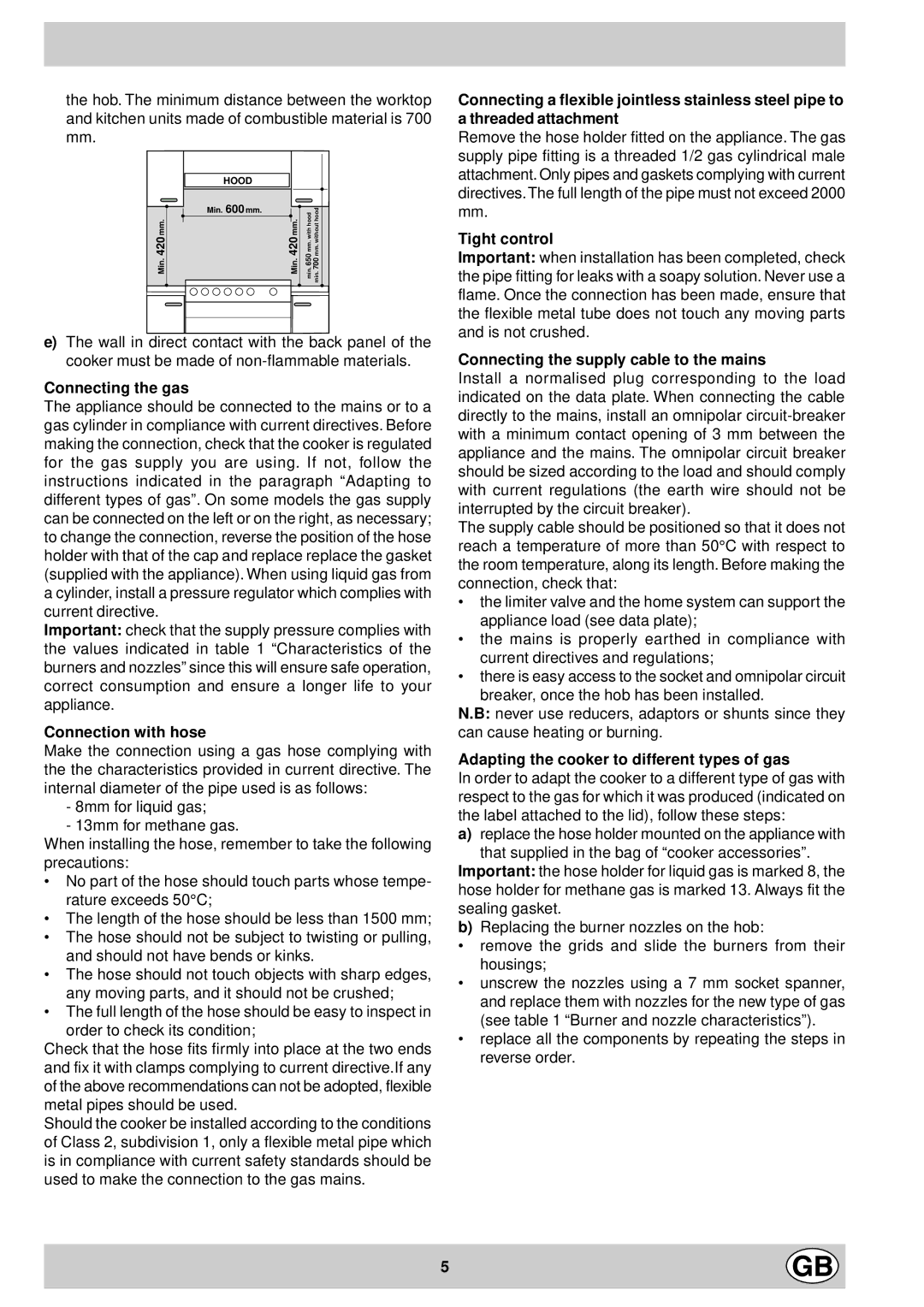 Indesit K1G20/R, K1G2/R Connecting the gas, Connection with hose, Tight control, Connecting the supply cable to the mains 