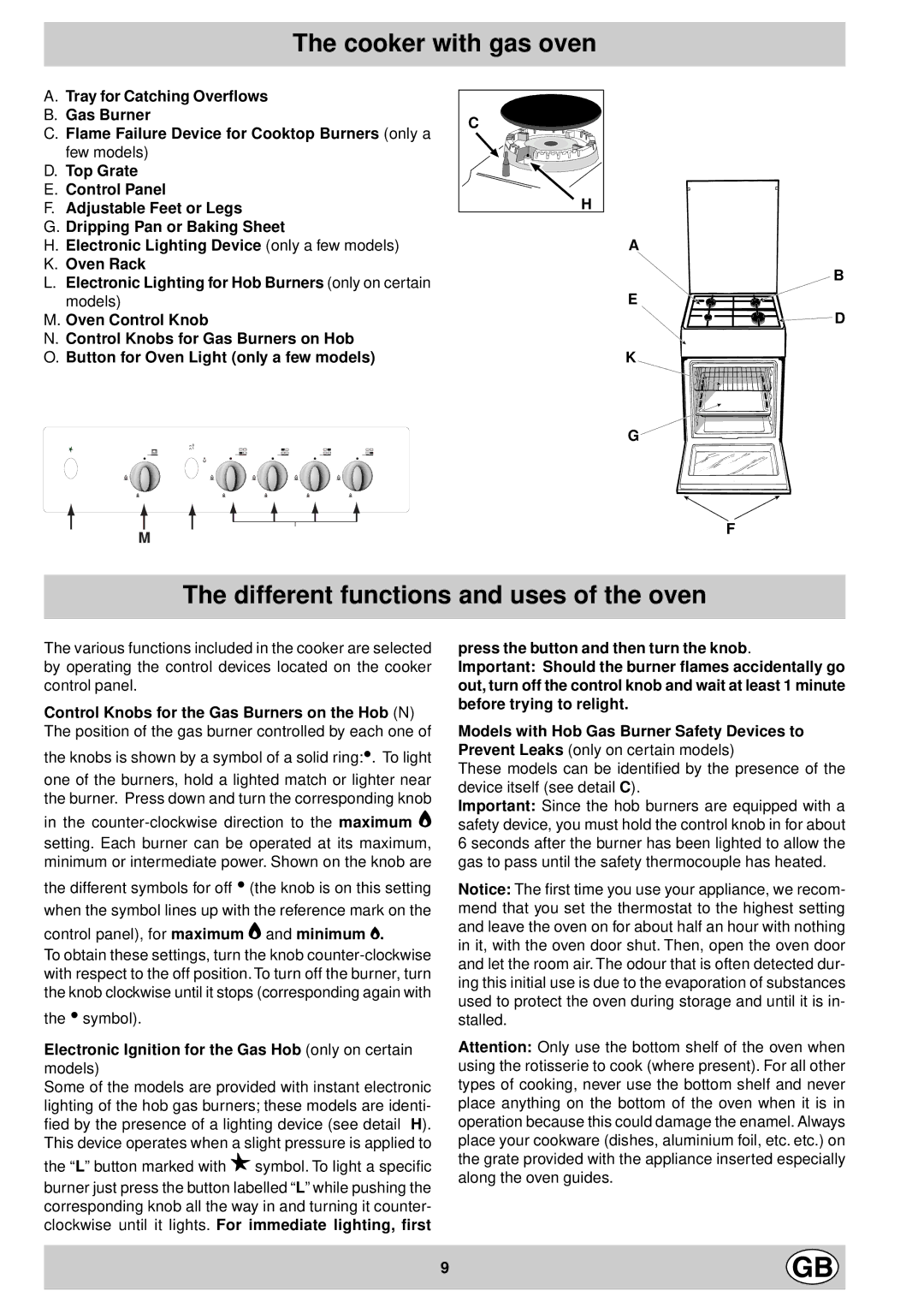 Indesit K1G20/R, K1G2/R manual Cooker with gas oven, Different functions and uses of the oven 