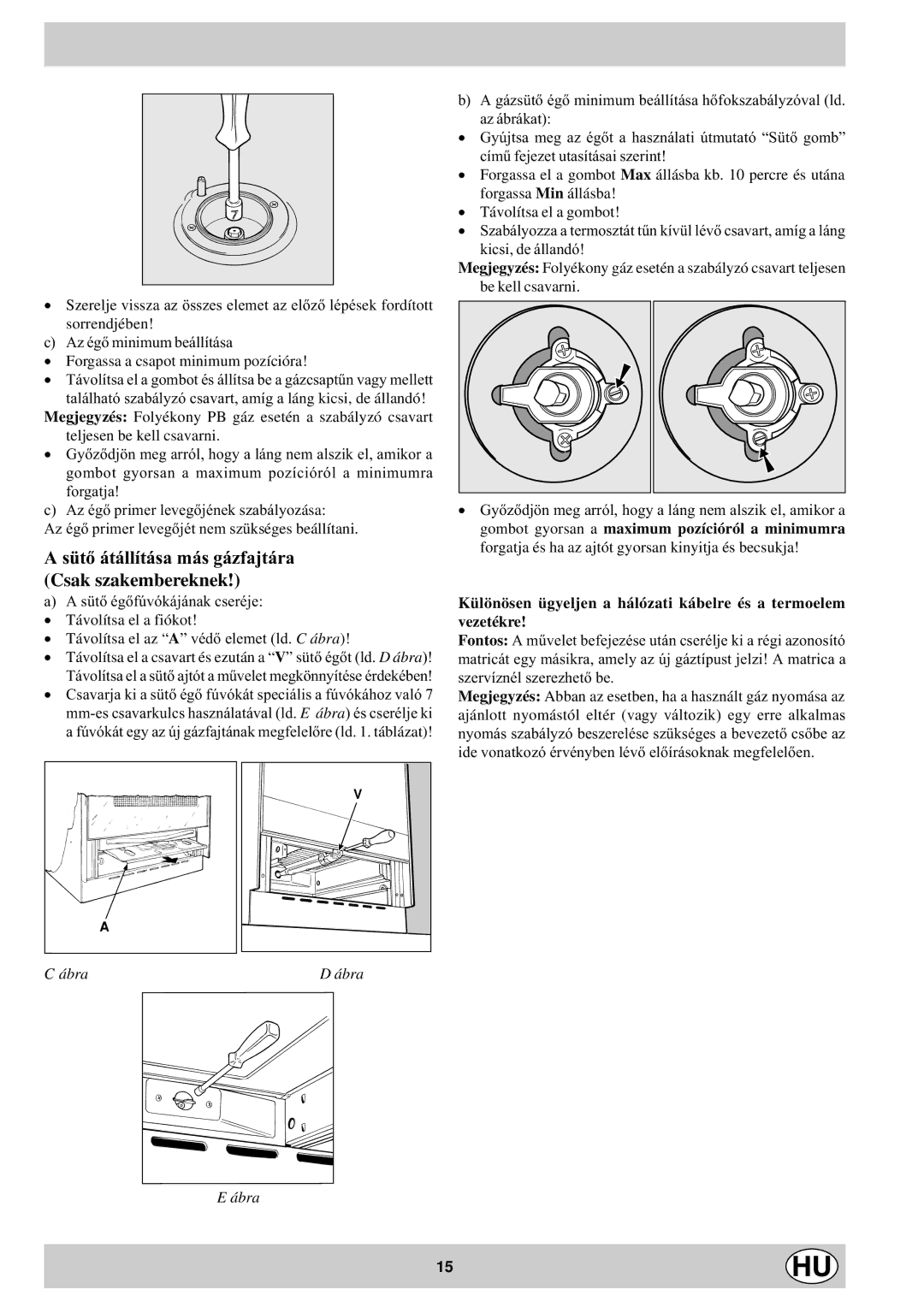 Indesit K1G2S/HU manual Sütõ átállítása más gázfajtára, Csak szakembereknek, Az égõ minimum beállítása 