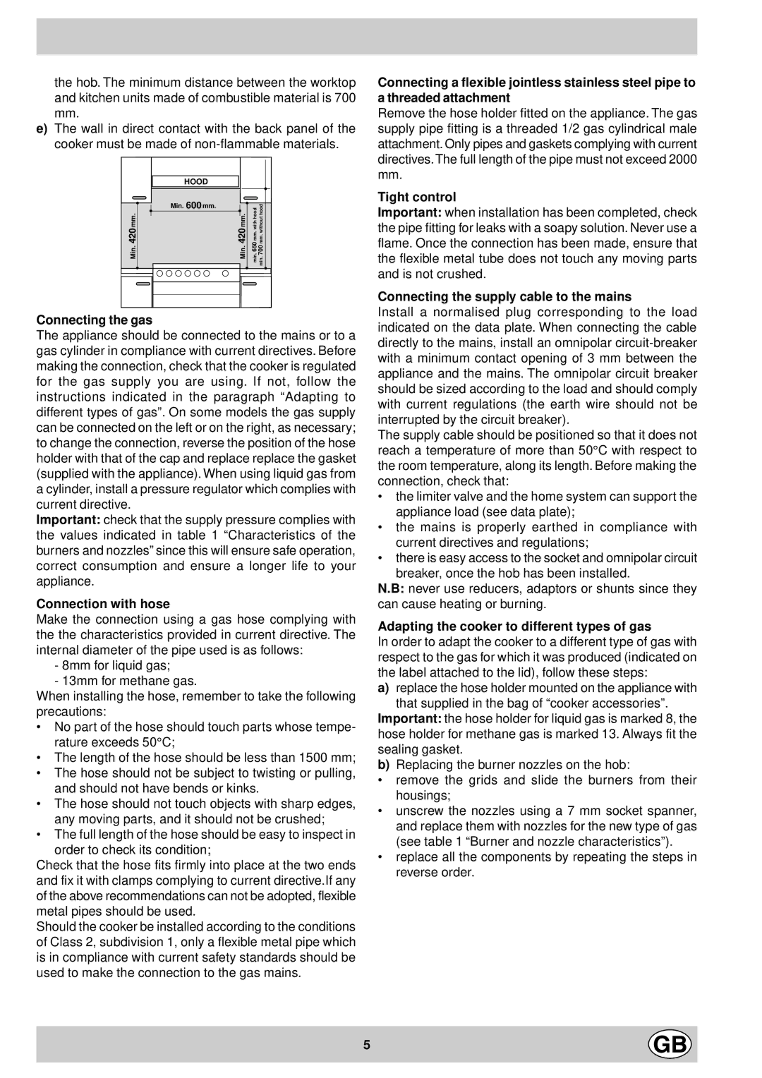 Indesit K1G2S/HU manual Connecting the gas, Connection with hose, Tight control, Connecting the supply cable to the mains 