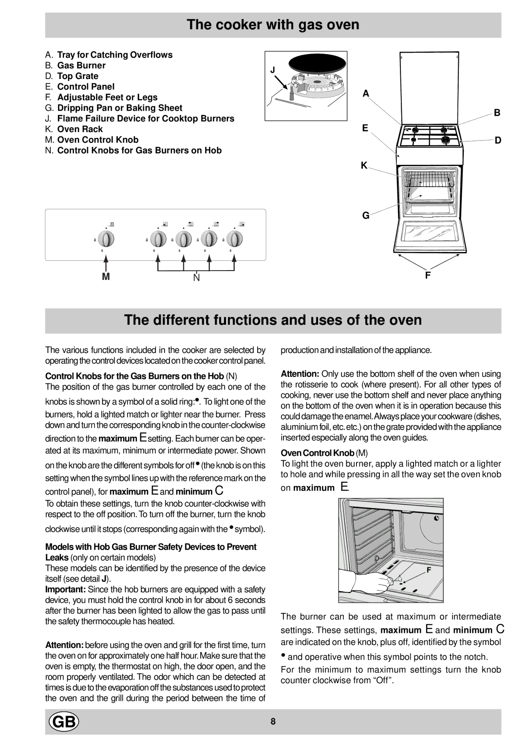 Indesit K1G2S/HU manual Cooker with gas oven, Different functions and uses of the oven, Oven Control Knob M, On maximum E 