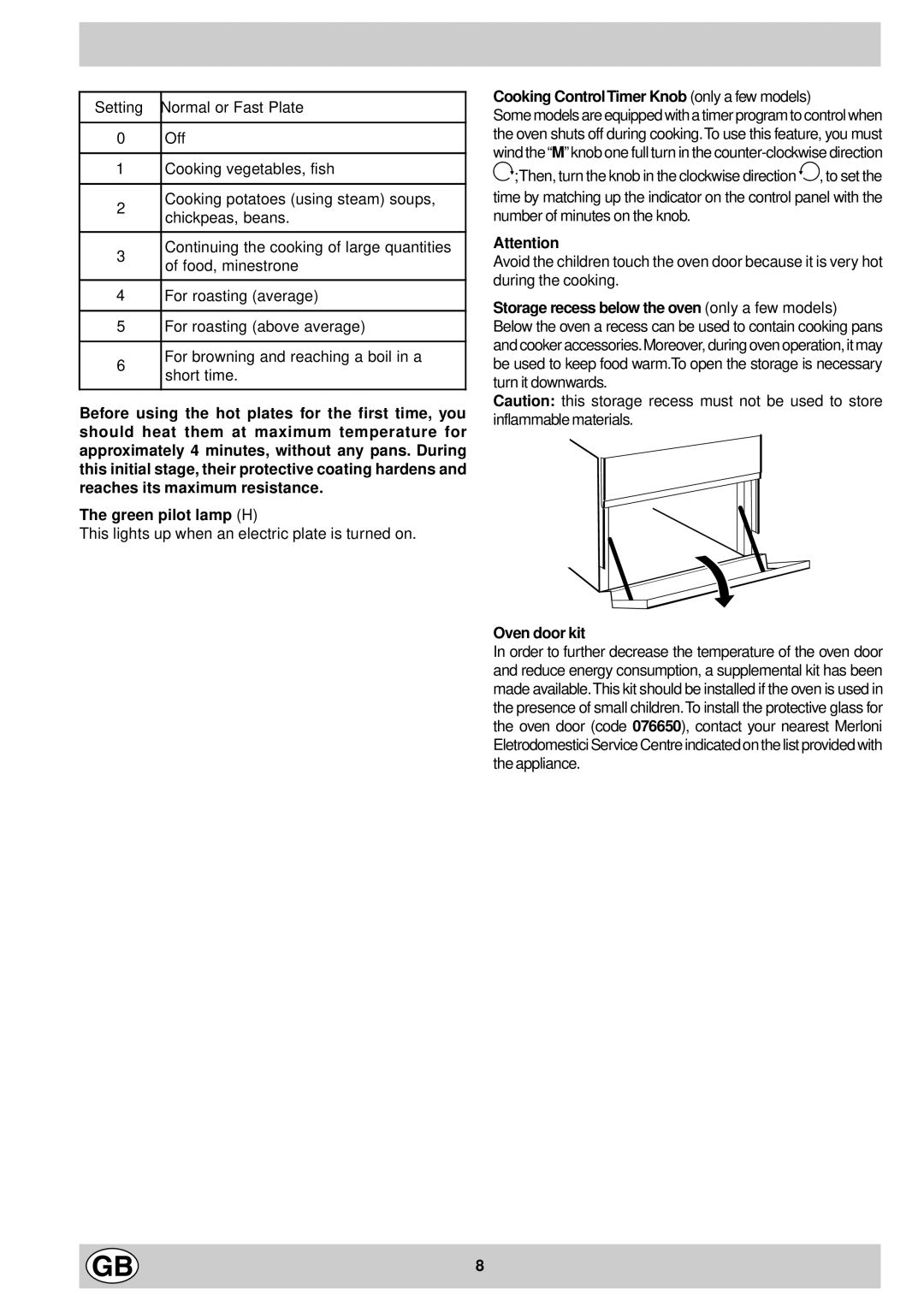 Indesit K31ECG manual Setting Normal or Fast Plate, Cooking Control Timer Knob only a few models 