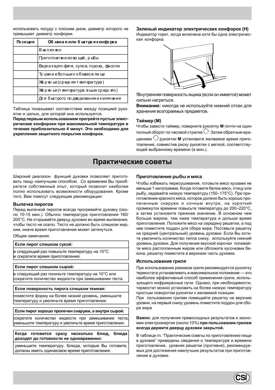 Indesit K3E11/R Ïðàêòè÷åñêèå ñîâåòû, Çåëåíûé èíäèêàòîð ýëåêòðè÷åñêèõ êîíôîðîê H, Âûïå÷êà ïèðîãîâ, Èñïîëüçîâàíèå ãðèëÿ 