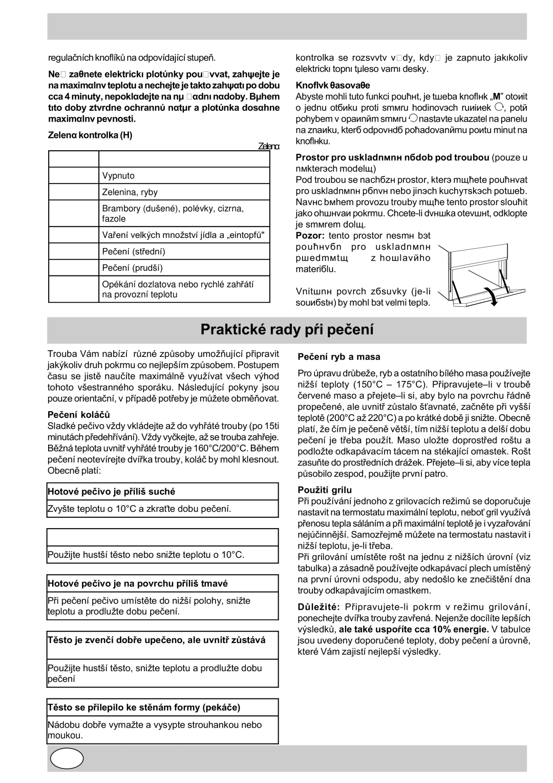 Indesit K3E11/R manual Praktické rady pøi peèení, Poloha Normální nebo rychlovarná plotýnka, Dort se slehl, Lepivé 