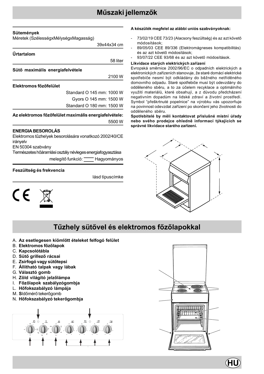 Indesit K3E11/R manual Mûszaki jellemzõk, Tûzhely sütõvel és elektromos fõzõlapokkal 