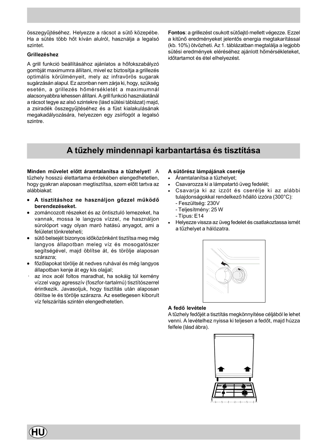 Indesit K3E11/R manual Tûzhely mindennapi karbantartása és tisztítása 