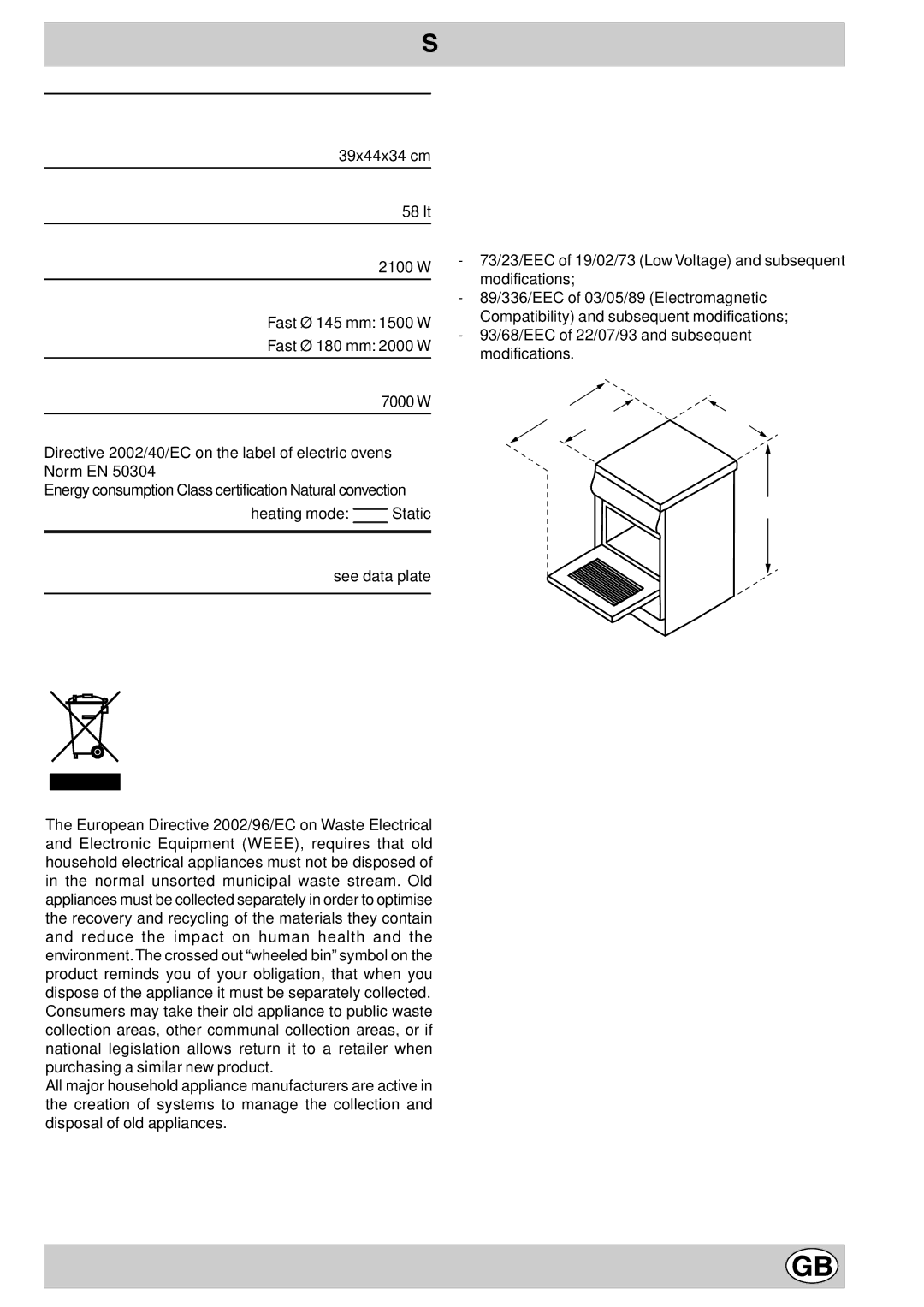 Indesit K3E11/R manual Technical Specifications 