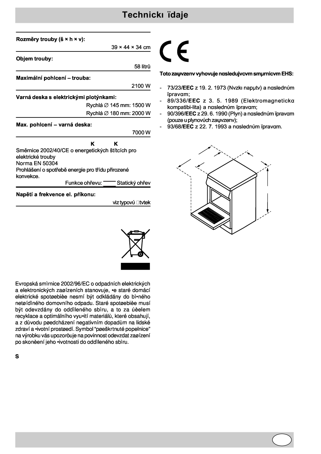 Indesit K3E11/R manual Technické údaje, 104 60 85/90, Likvidace starých elektrických zaøízení 