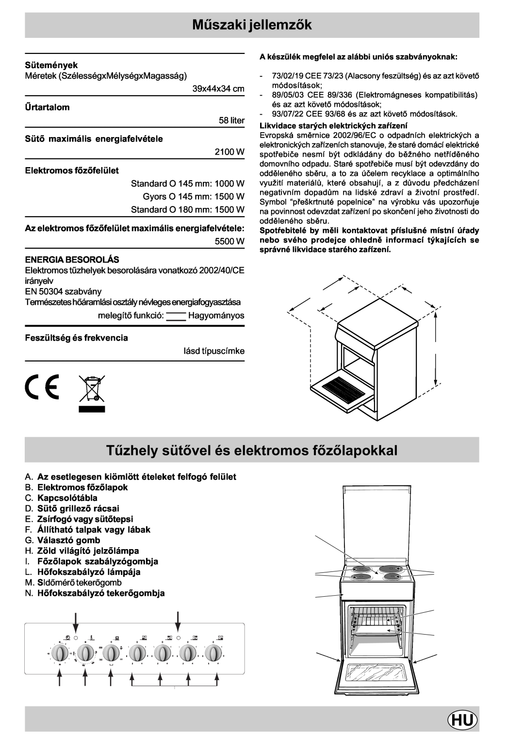 Indesit K3E11/R manual Mûszaki jellemzõk, Tûzhely sütõvel és elektromos fõzõlapokkal, 104 60 85/90, M N Gi 