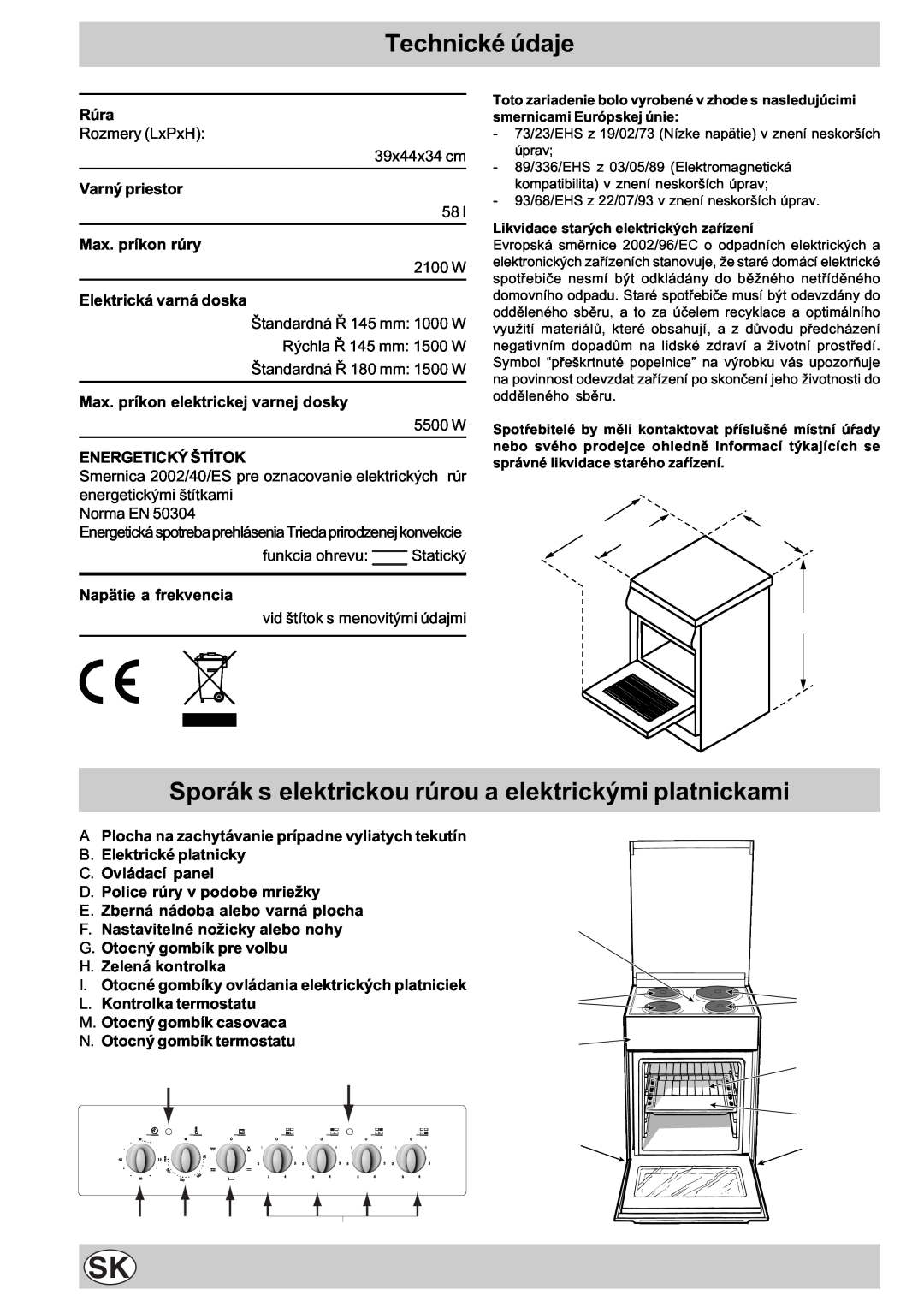 Indesit K3E11/R Sporák s elektrickou rúrou a elektrickými platnickami, Technické údaje, 104 60 85/90, M N Gi, A B B C 