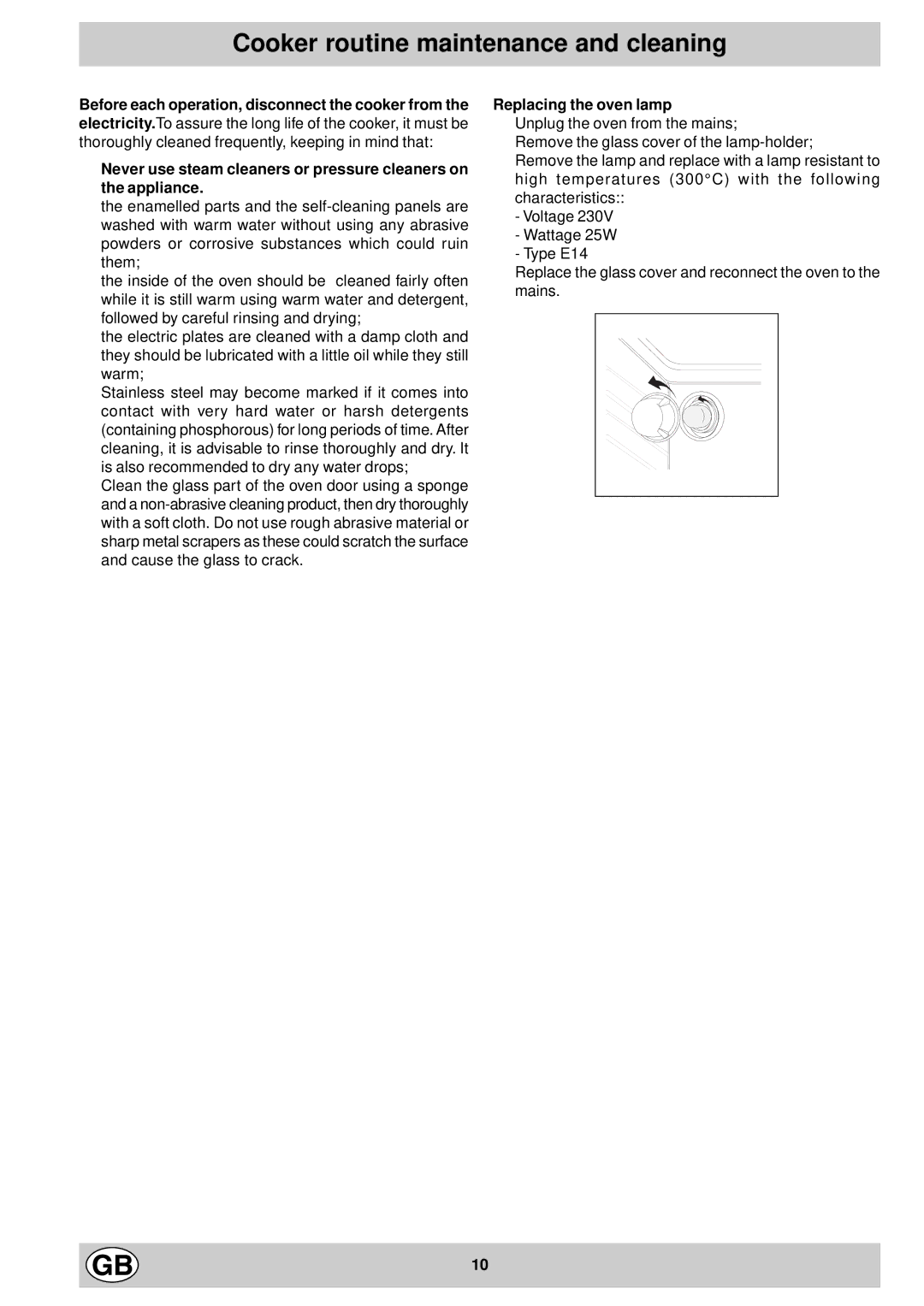 Indesit K3E1/G, K3E1/IR, K3E11/G manual Cooker routine maintenance and cleaning, Replacing the oven lamp 