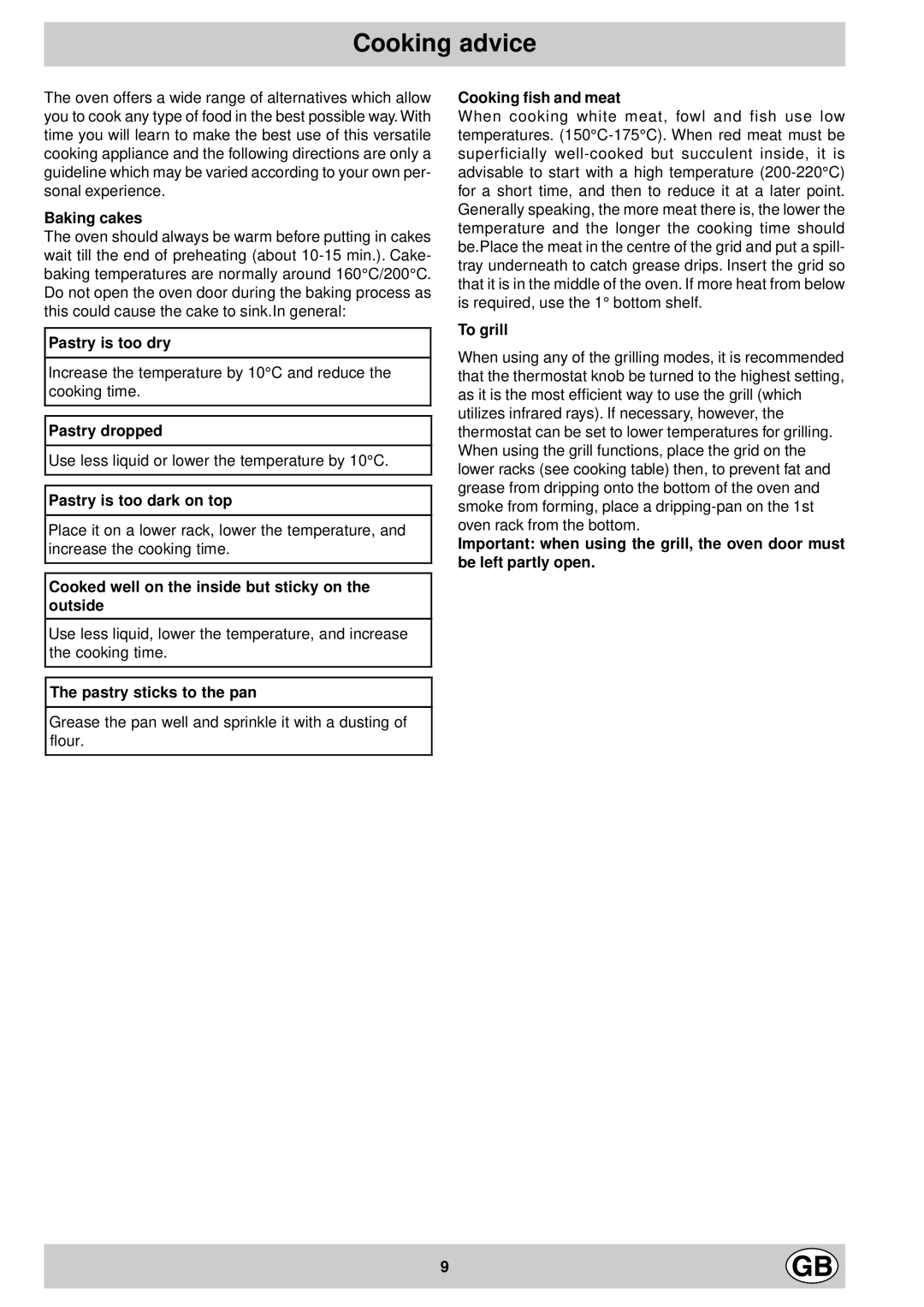 Indesit K3E1/IR, K3E1/G, K3E11/G manual Cooking advice 