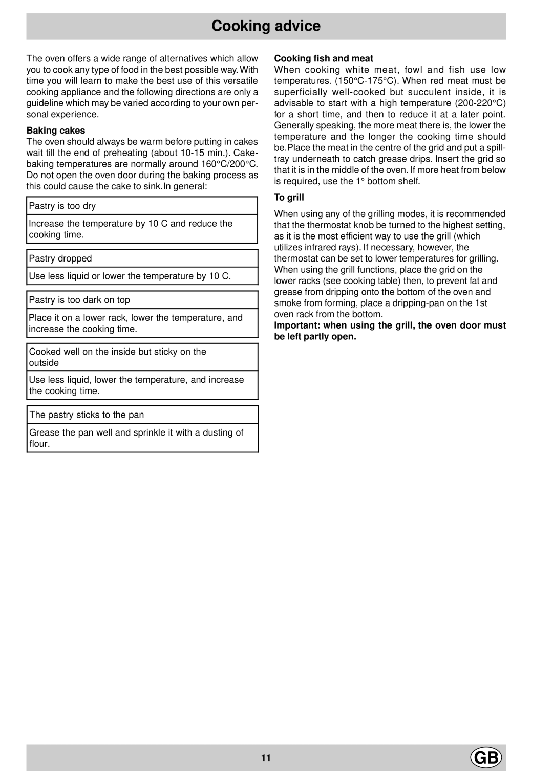 Indesit K3G11/G manual Cooking advice 