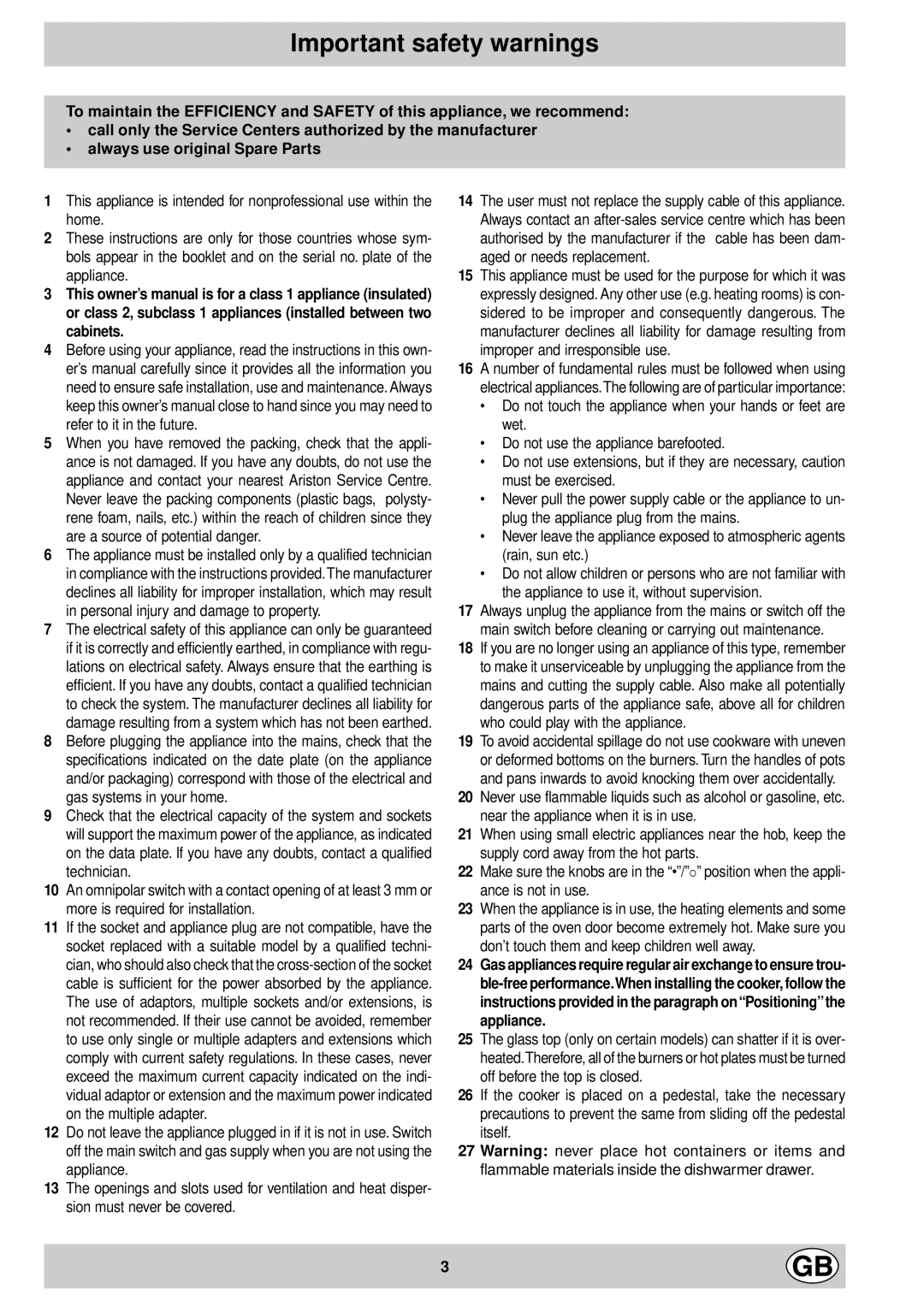 Indesit K3G11/G manual Important safety warnings 