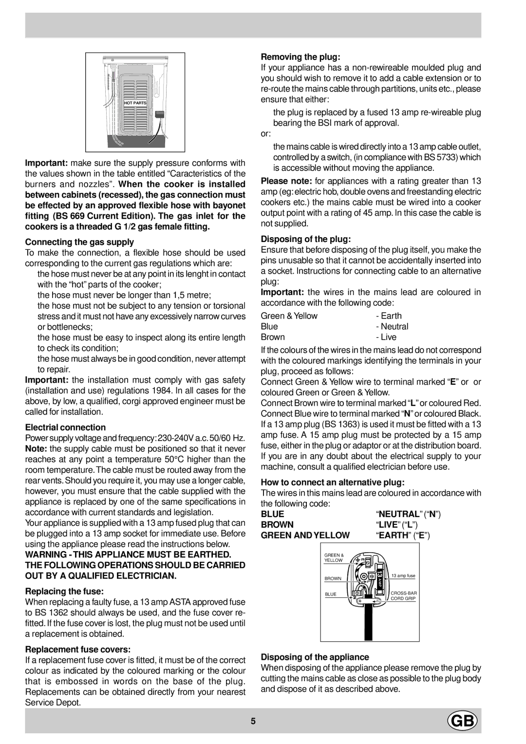 Indesit K3G11/G Connecting the gas supply, Electrial connection, Replacing the fuse, Removing the plug, Following code 