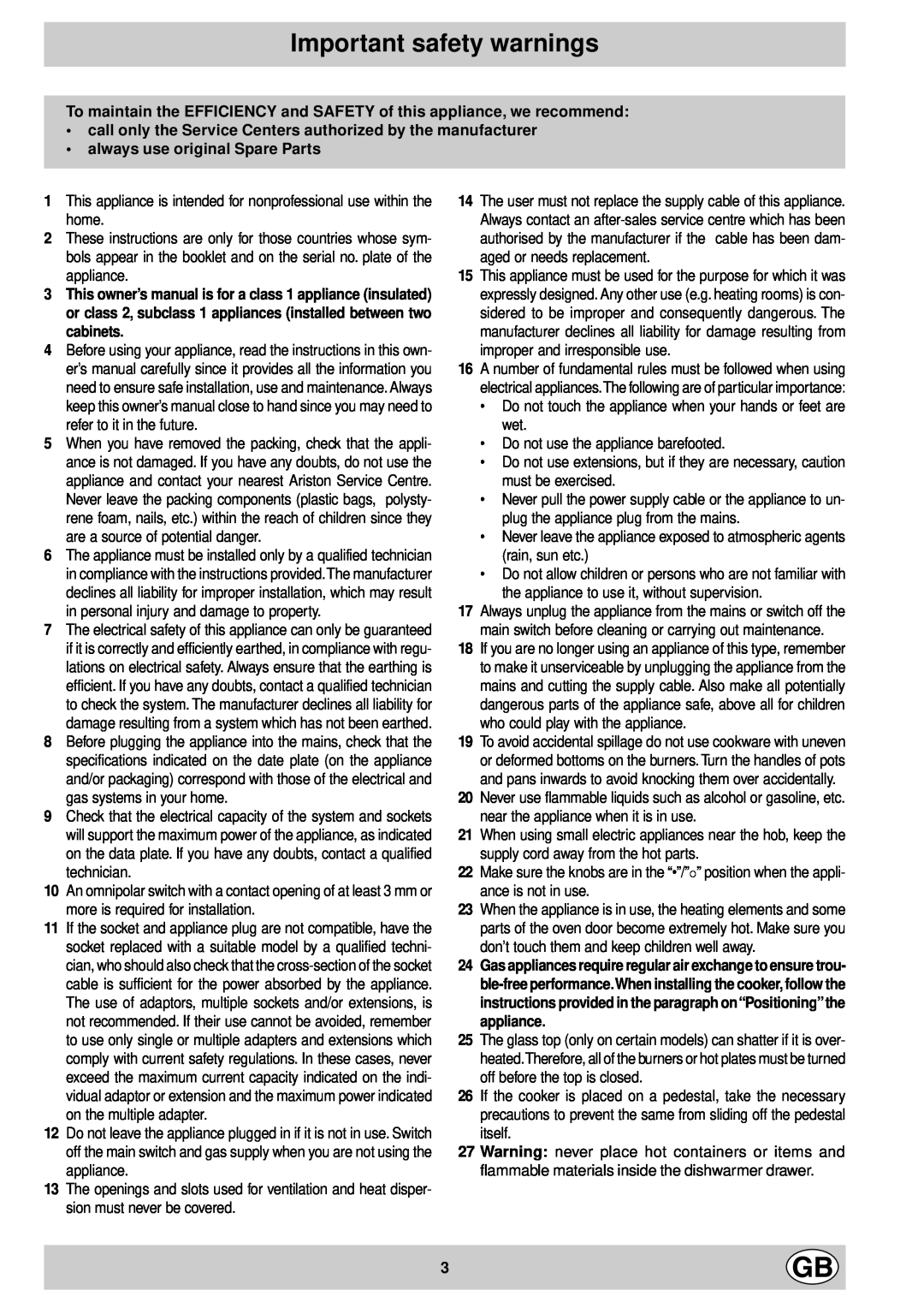 Indesit K3G11/G manual Important safety warnings 