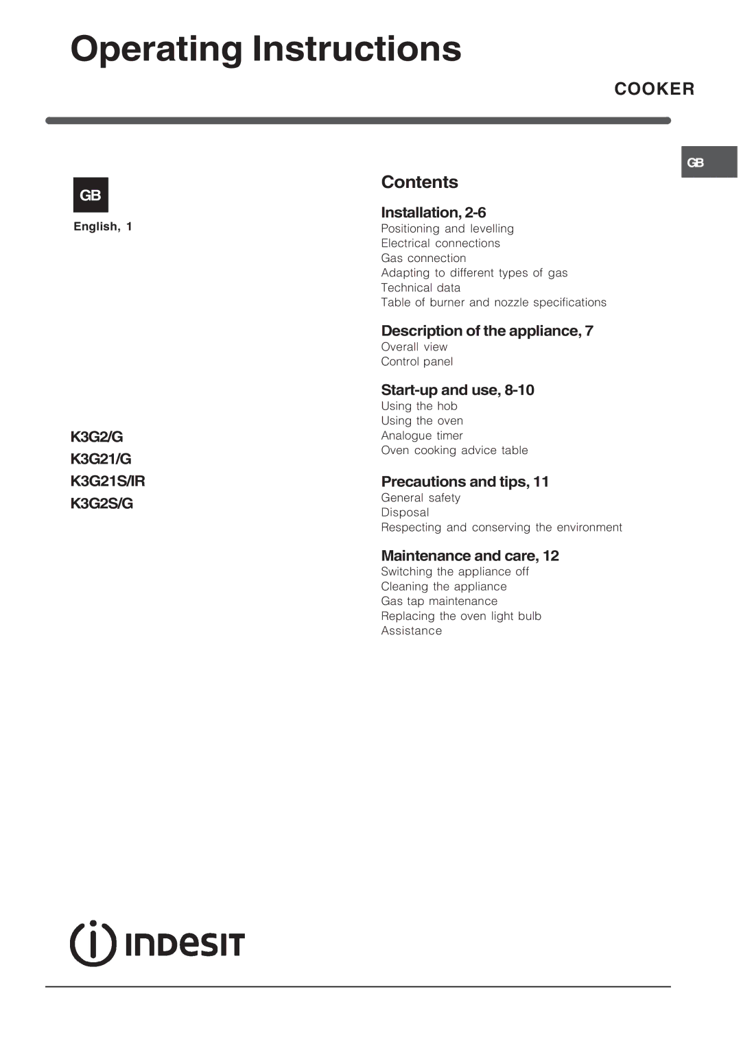 Indesit K3G2S/G specifications Operating Instructions, Cooker 