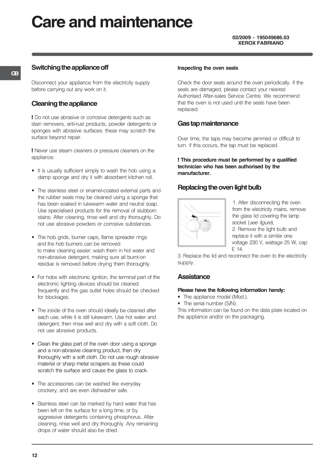 Indesit K3G2S/G specifications Care and maintenance 