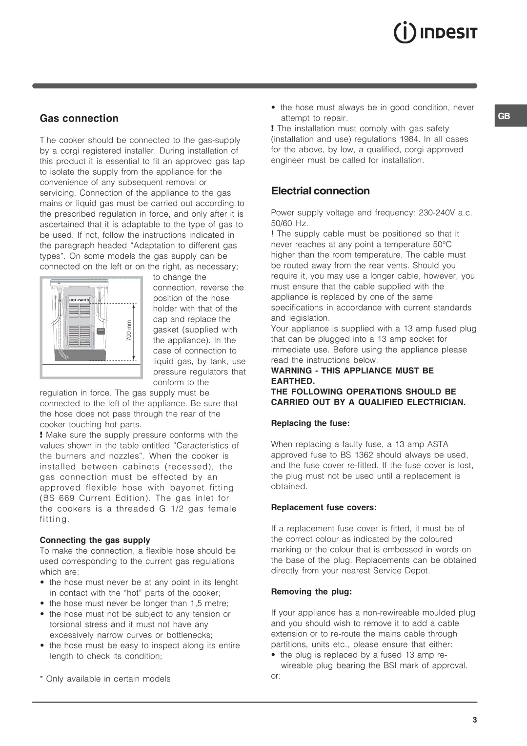 Indesit K3G2S/G specifications Gas connection, Electrial connection 