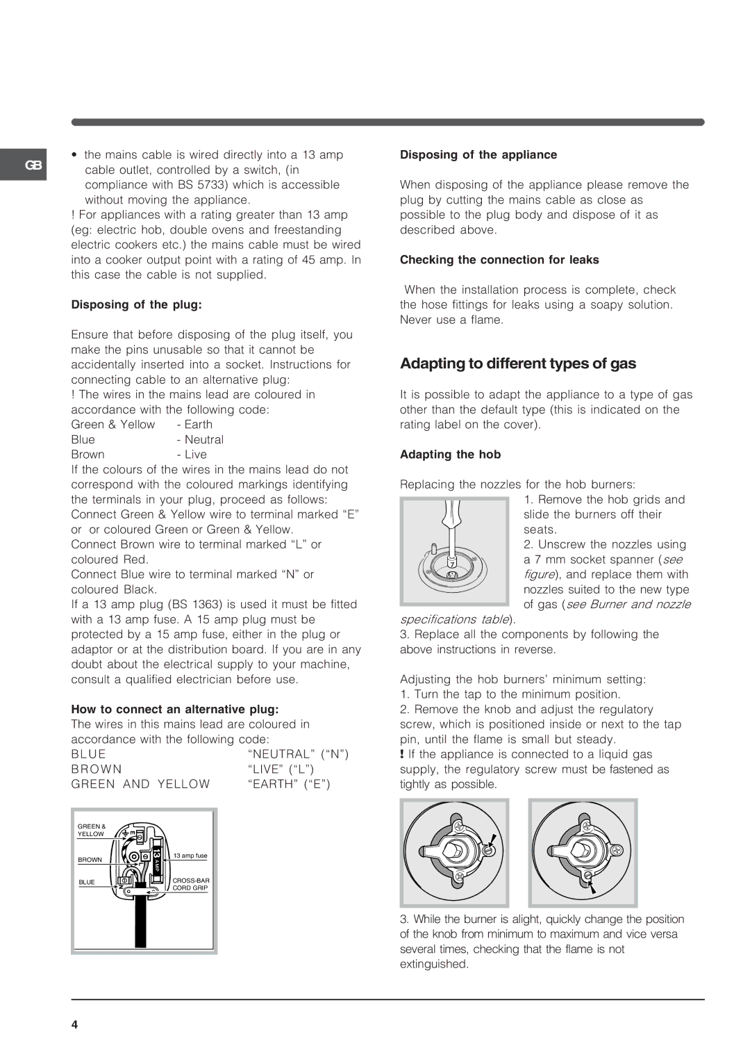 Indesit K3G2S/G specifications Adapting to different types of gas, Green and Yellow 