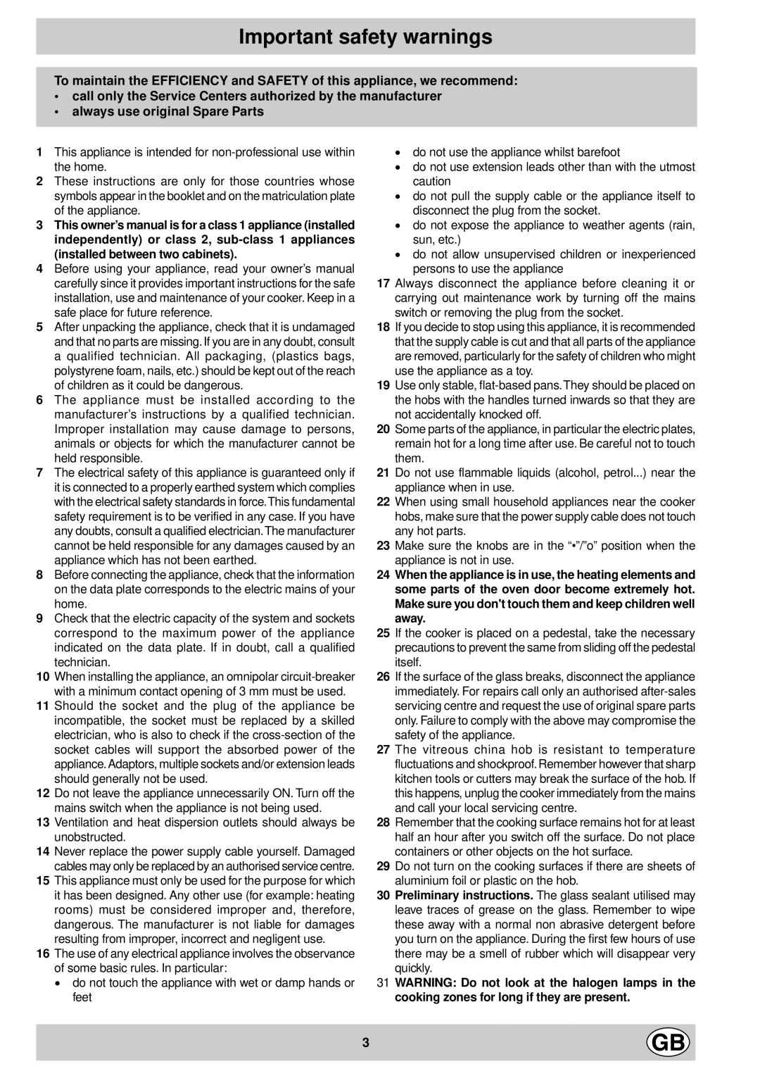 Indesit K6C320/G manual Important safety warnings 