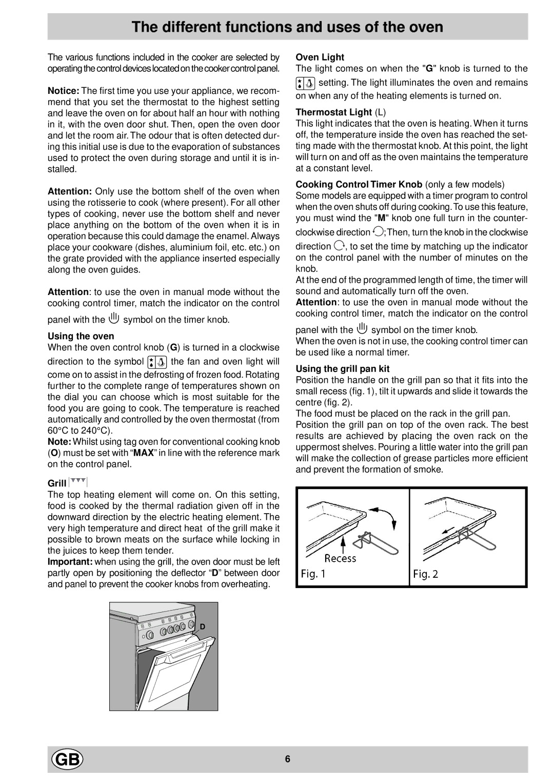 Indesit K6C320/G manual Different functions and uses of the oven 