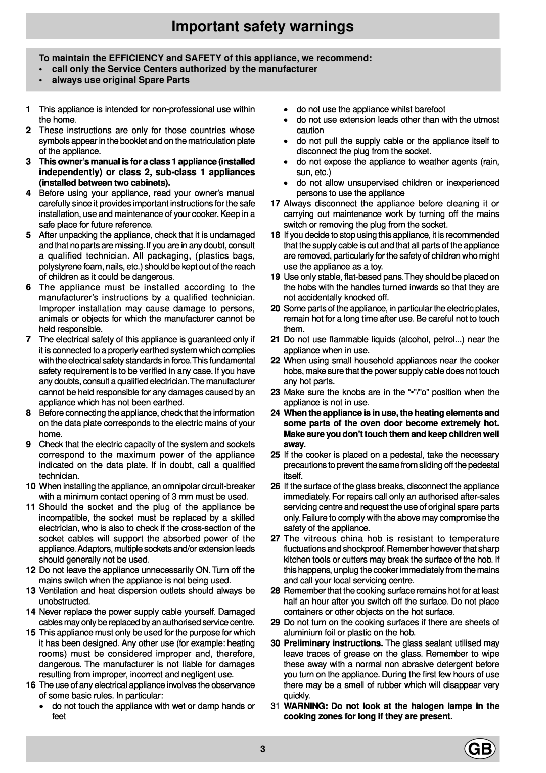 Indesit K6C320/G manual Important safety warnings 