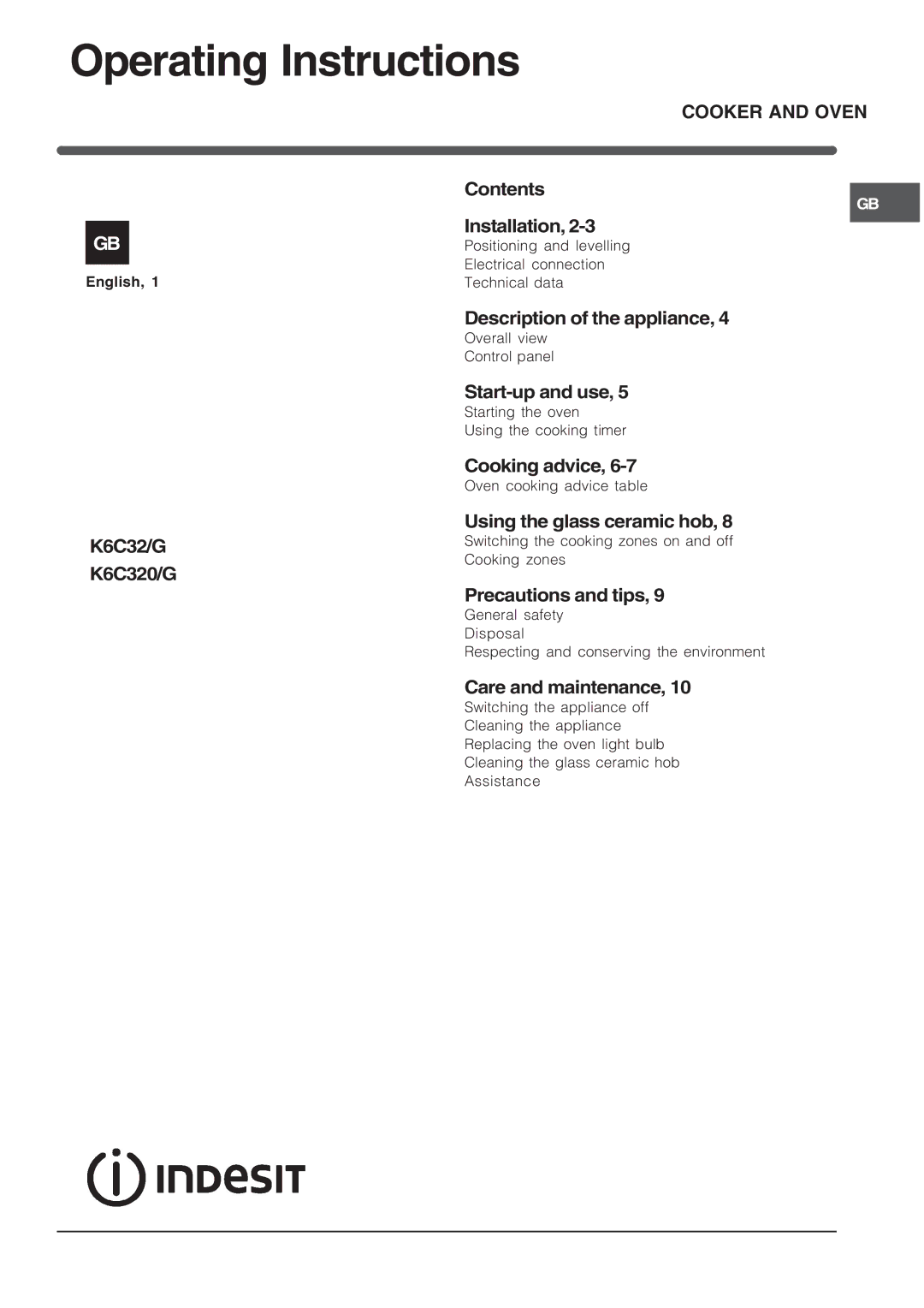 Indesit K6C32/G operating instructions Operating Instructions 