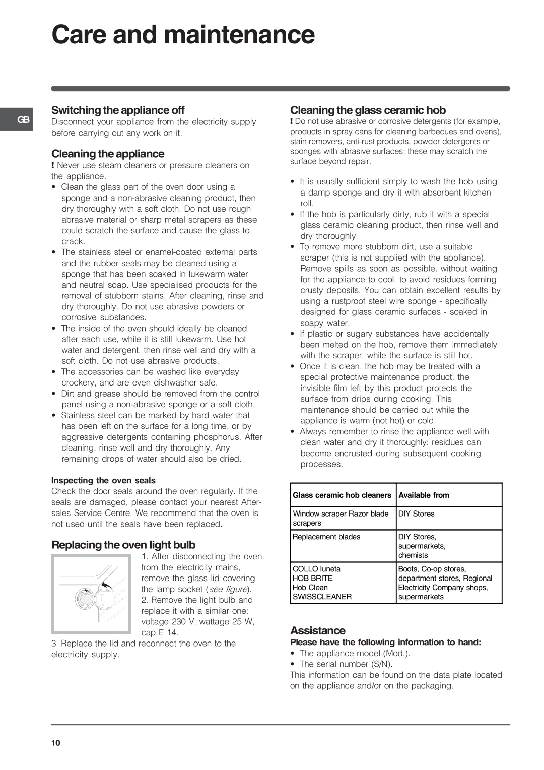 Indesit K6C32/G operating instructions Care and maintenance 