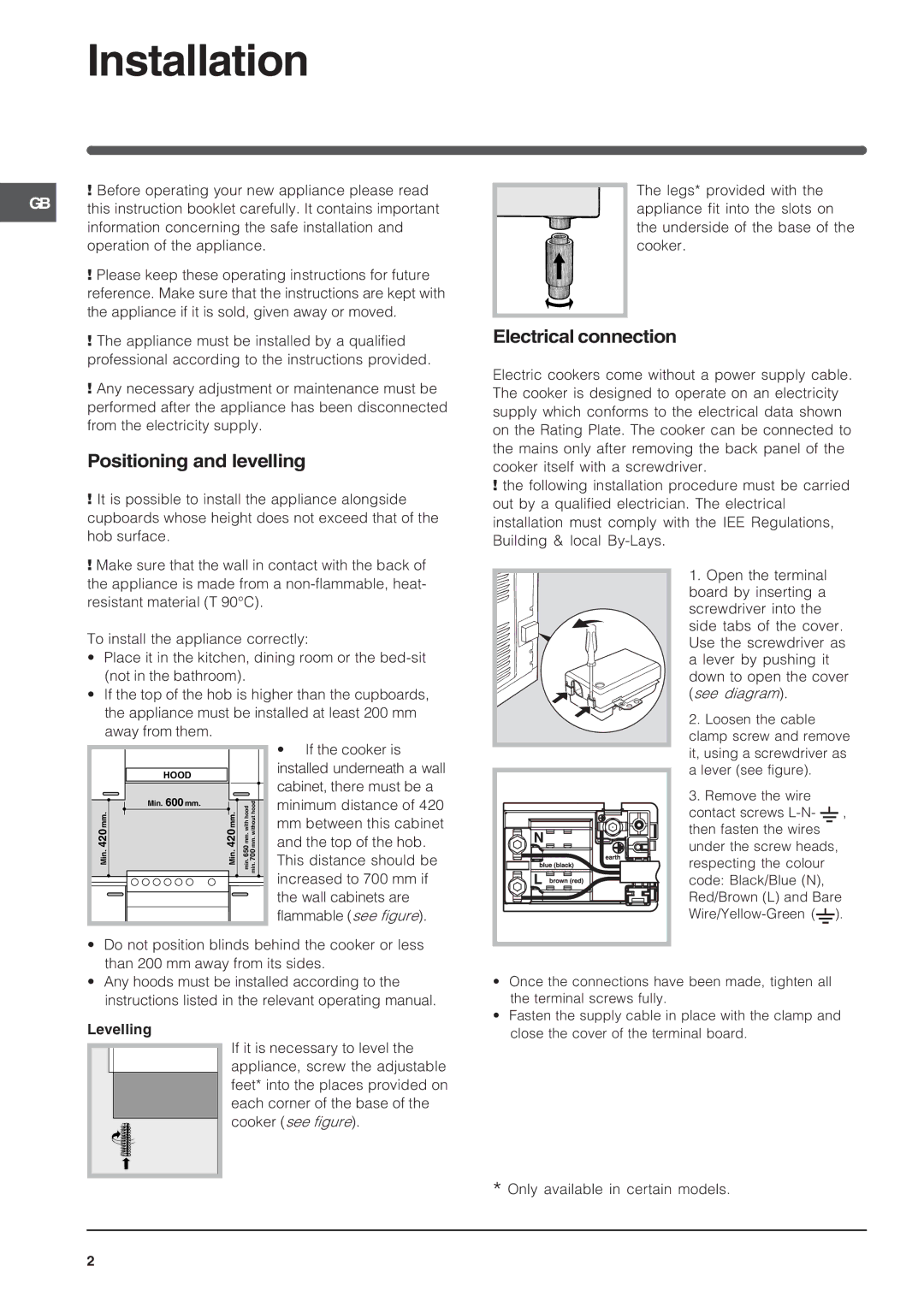 Indesit K6C32/G operating instructions Installation, Positioning and levelling, Electrical connection 