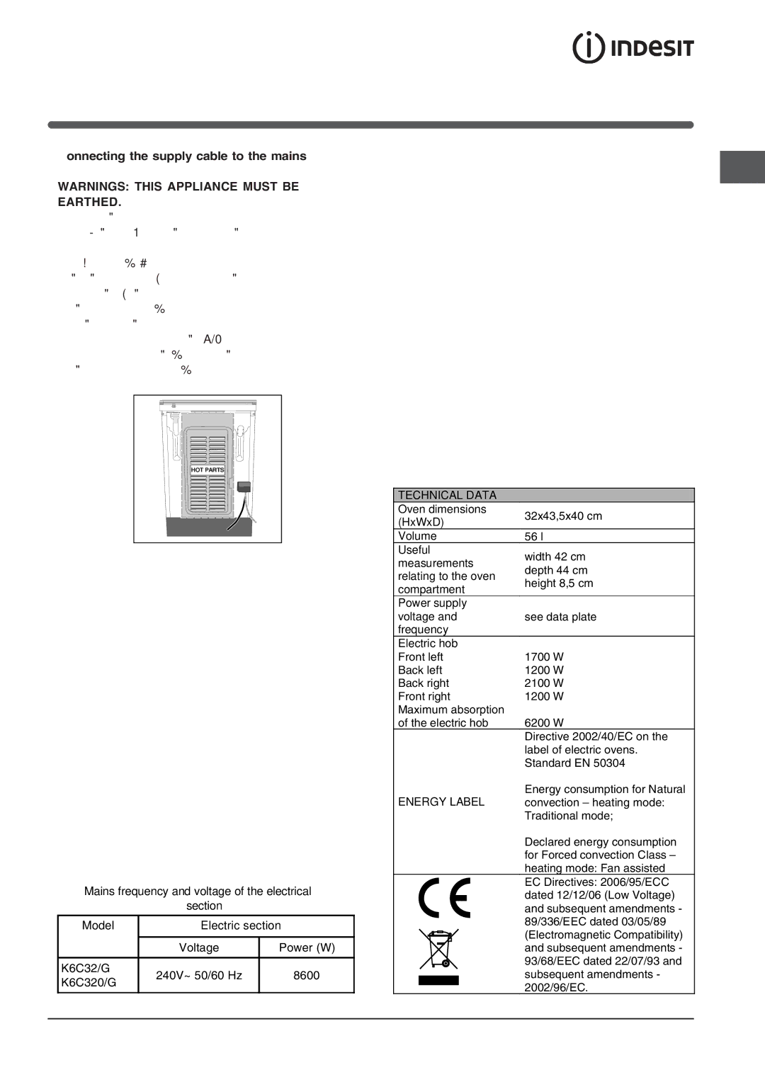 Indesit K6C32/G operating instructions Earthed 