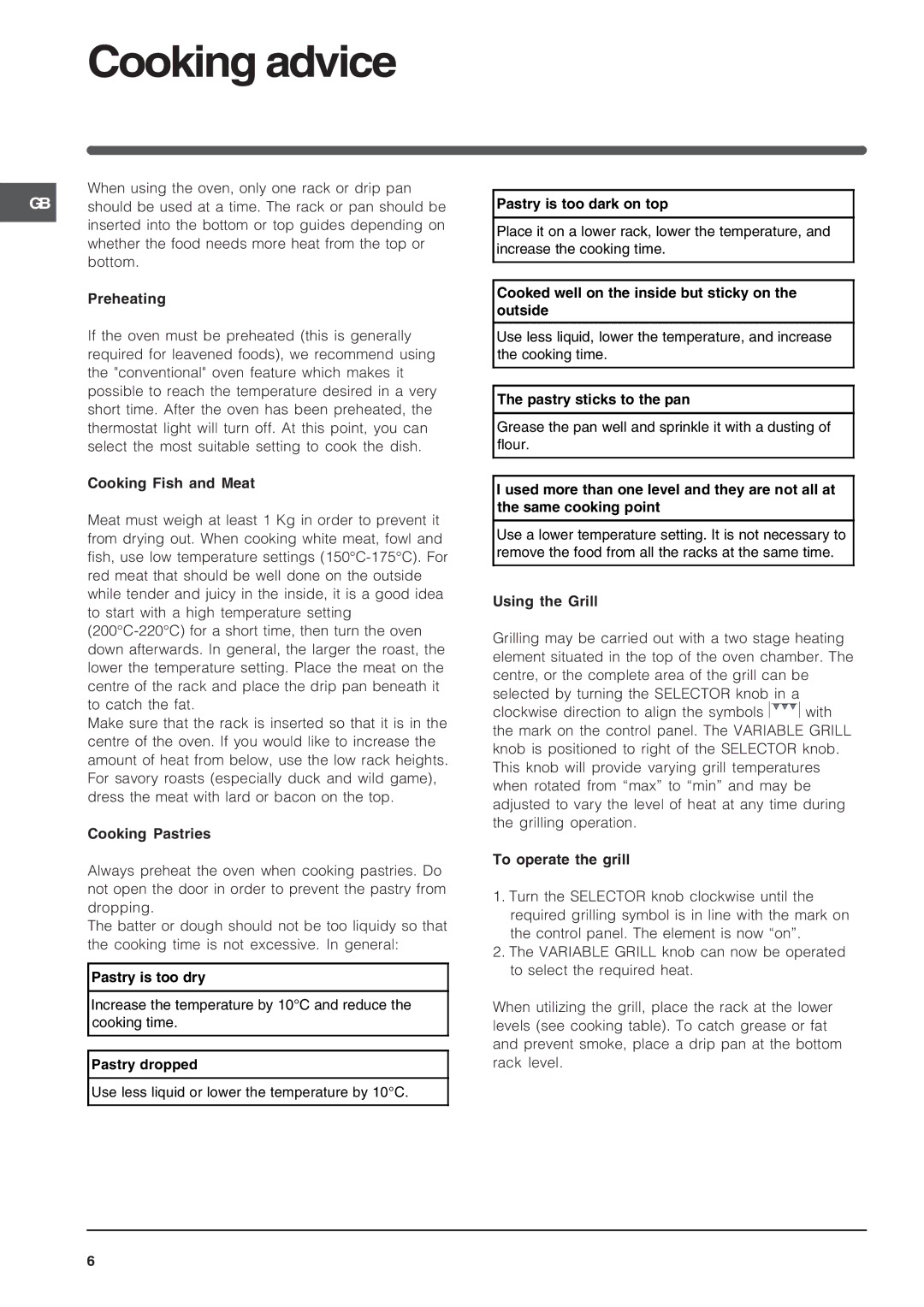 Indesit K6C32/G operating instructions Cooking advice 