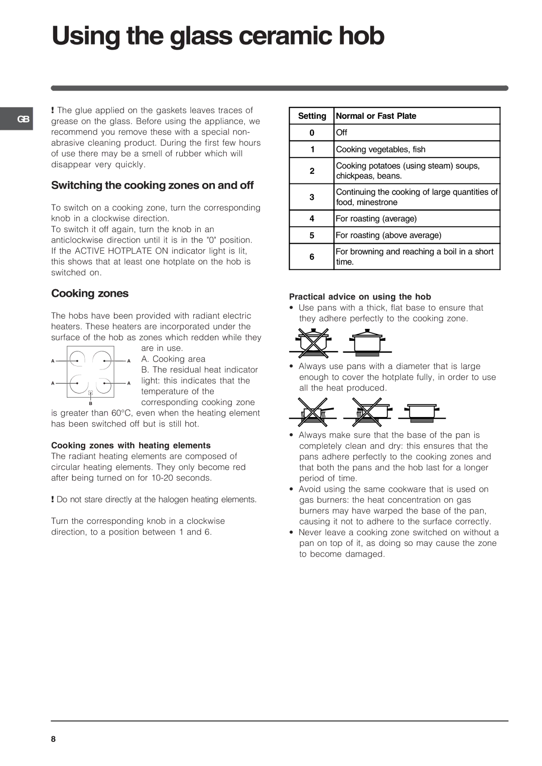 Indesit K6C32/G operating instructions Using the glass ceramic hob, Switching the cooking zones on and off, Cooking zones 