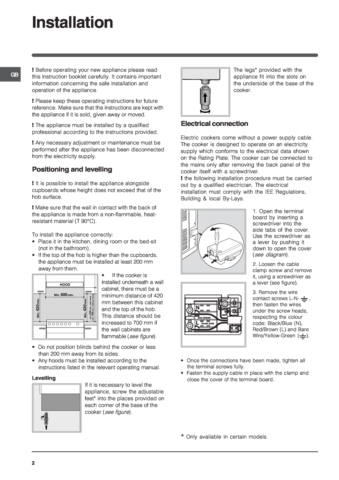 Indesit K6C32/G operating instructions Installation, Positioning and levelling, Electrical connection 